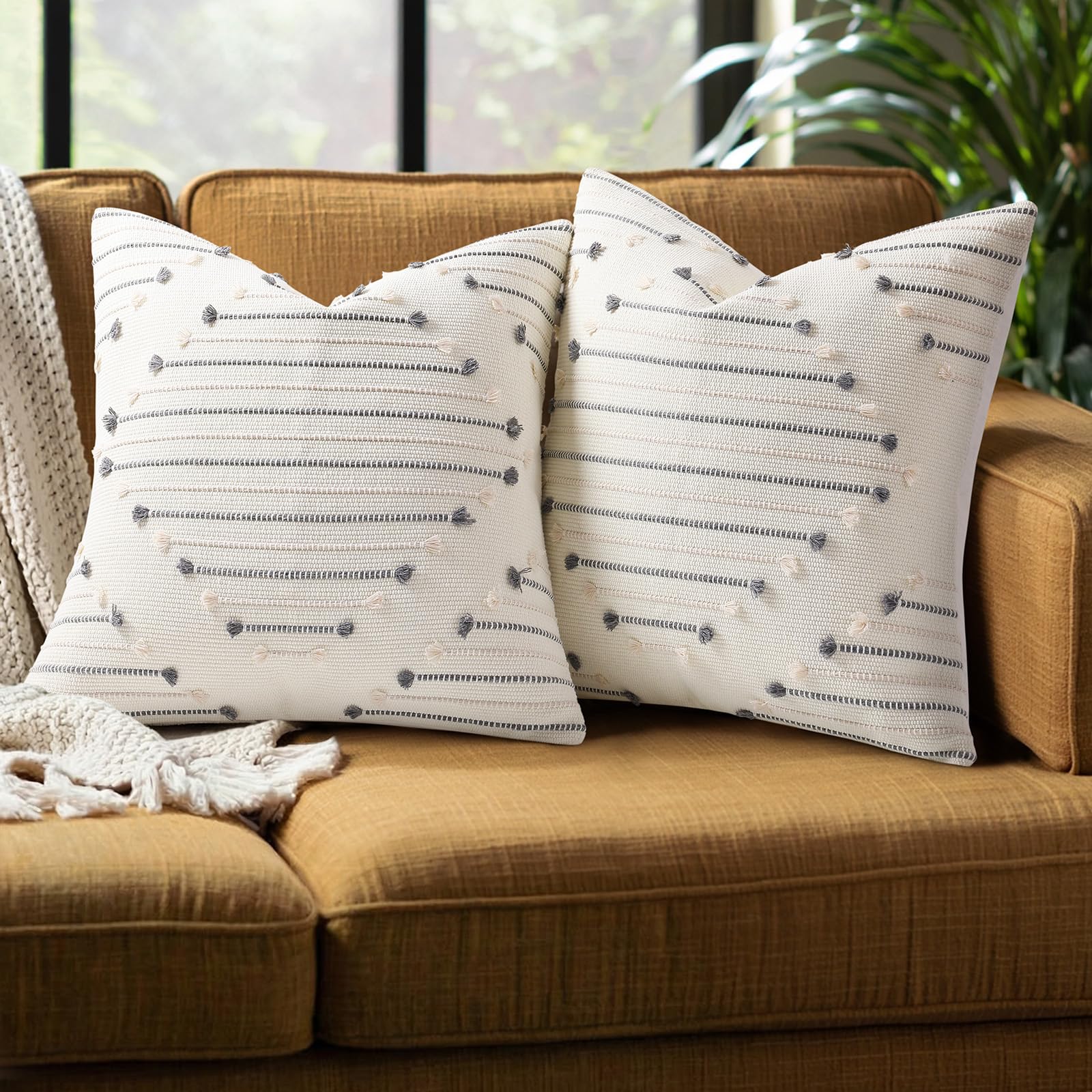 Mecatny Boho Summer Outdoor Throw Pillow Covers 18X18 Set of 2, Farmhouse Decorative Pillow Covers for Couch Sofa Living Room, Navy & Cream White