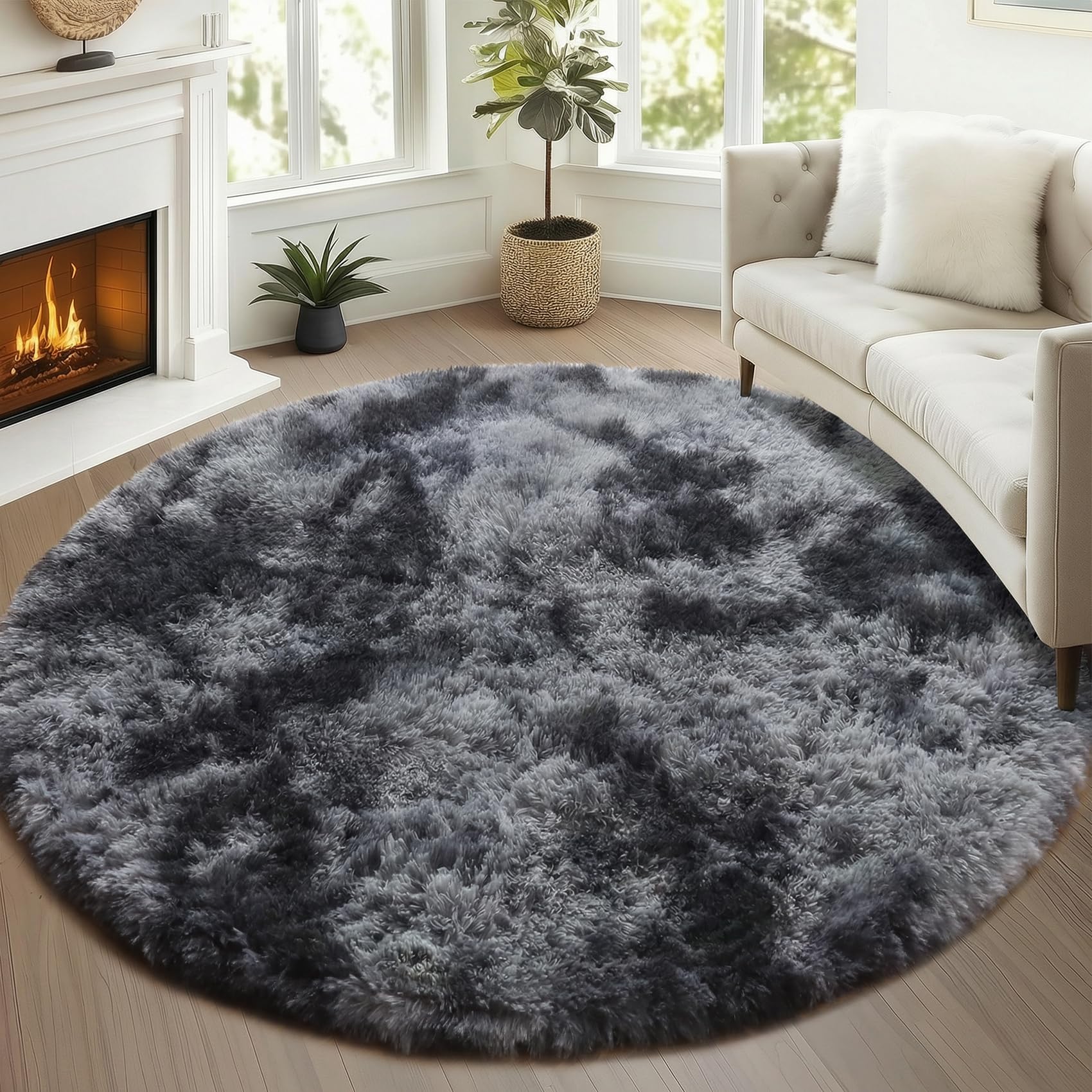 ONASAR Tie-Dyed Dark Grey Round Area Rugs 5ft, Ultra Soft Bedroom Circle Rug for Kids Girls Teen Room, Fluffy Plush Shaggy Carpet Floor Mats for Baby Nursery Living Room Playroom Home Decor