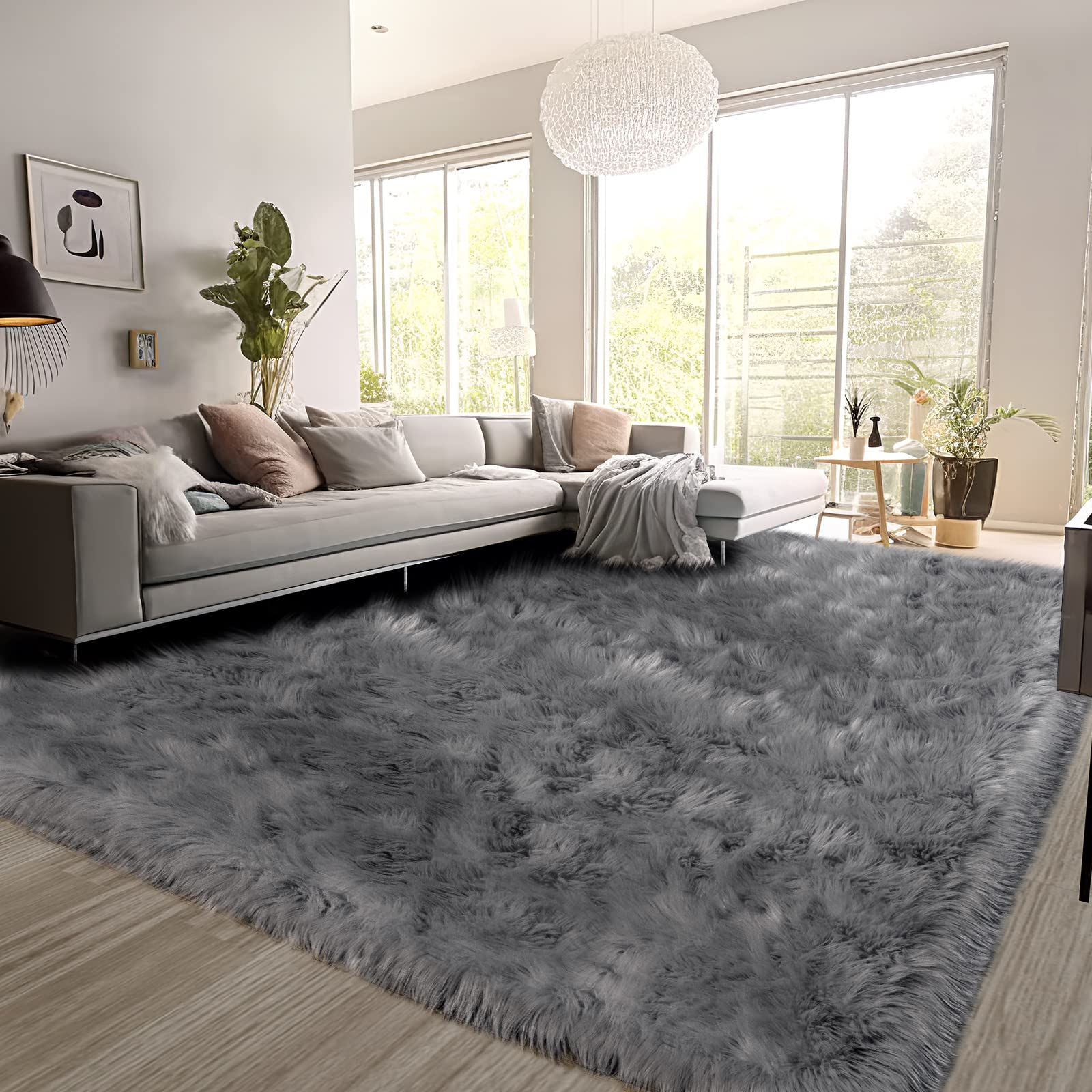 SERISSA Soft Fluffy Area Rug, Grey Faux Sheepskin Fur Rug, Shaggy Rug for Bedroom Floor Fuzzy Carpet for Living Room 4x6 Feet