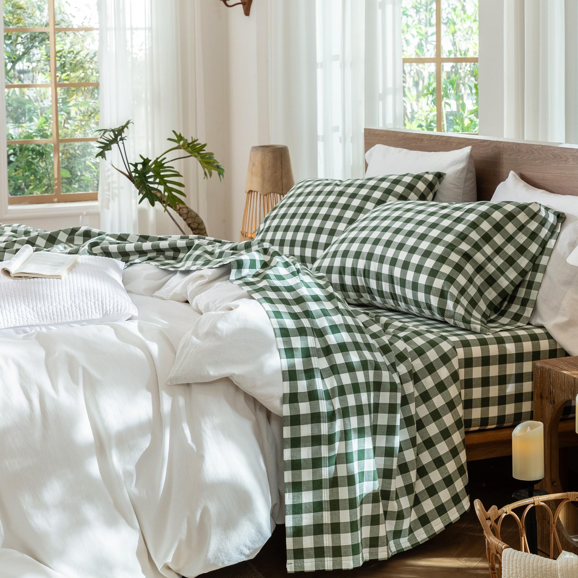 MooMee Bedding Sheet Set 100% Washed Cotton Linen Like Textured Breathable Durable Soft Comfy (Heathered Green, Queen)