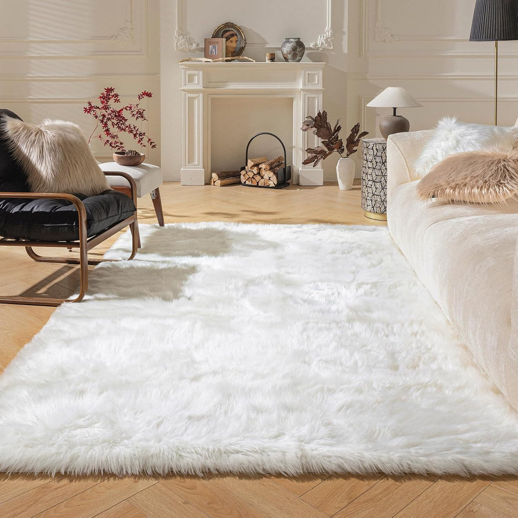 4×4ft White Fluffy Faux Fur Rug, Washable Shag Area Rug for Home Decor
