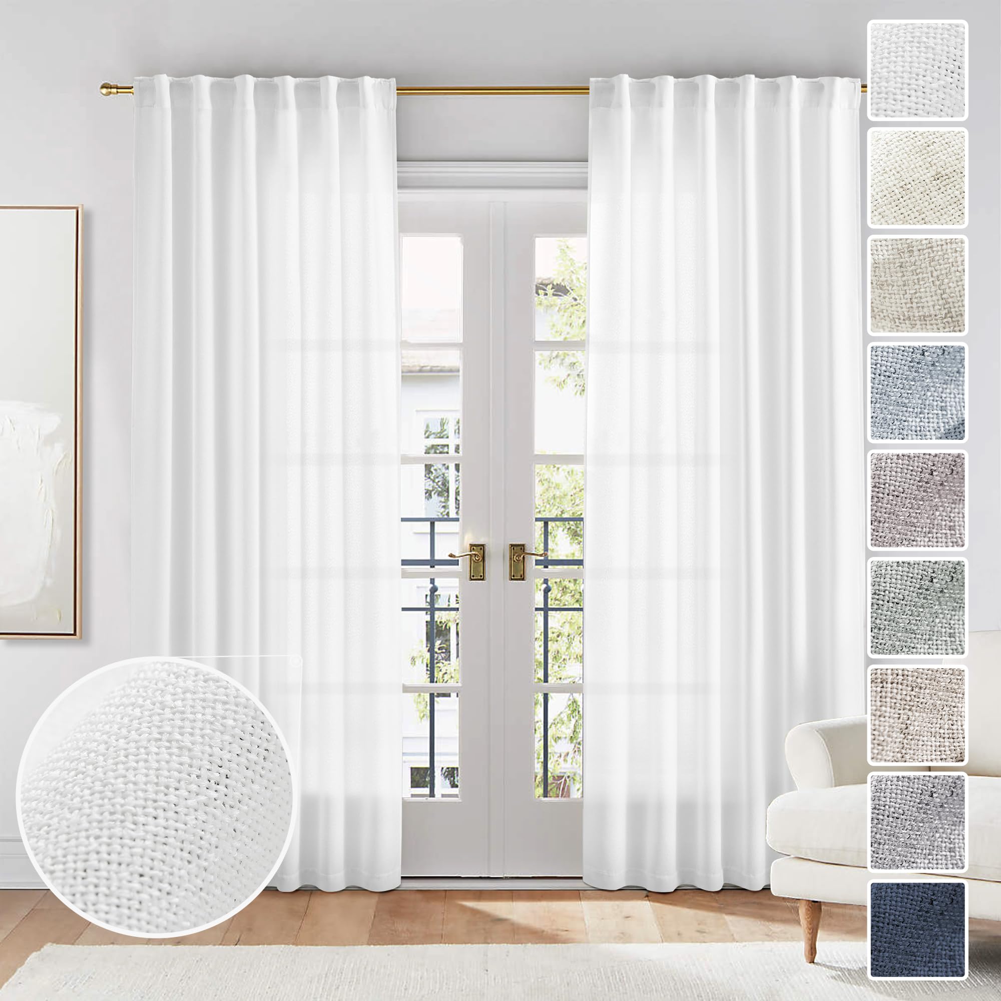 Natural Linen Back Tab Curtains 92 inch Long 2 Panels Set for Living Room Semi Sheer Light Filtering Window Drape Neutral Country Farmhouse Boho Curtains for Bedroom Cream Beige