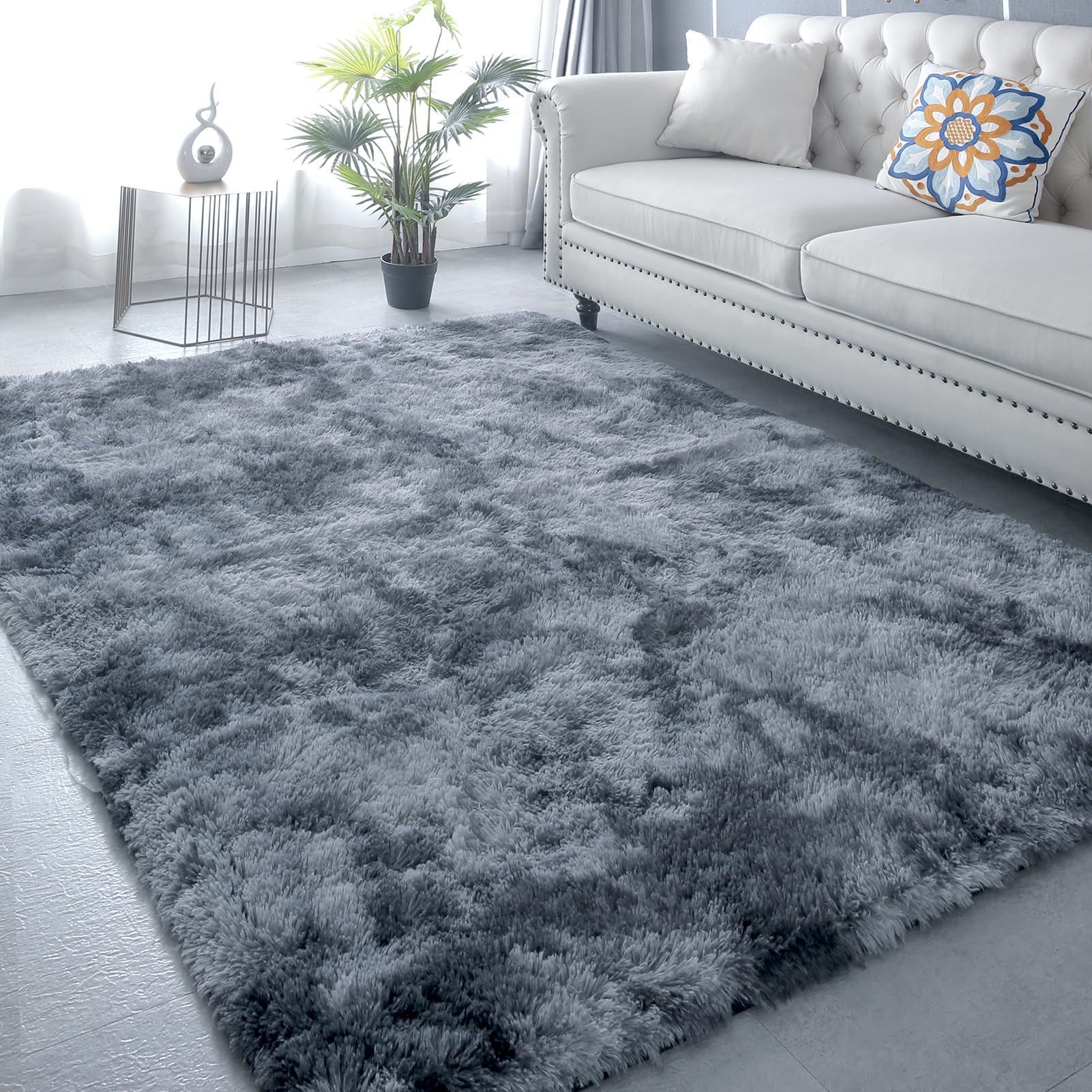 CAIYUECS Shag Area Rug,Indoor Ultra Soft Fluffy Plush Rugs for Bedroom Living Room, Non-Skid Modern Nursery Faux Fur Rugs for Kids Room Home Decor (Tie-Dyed Light Gray, 5x7 Feet)
