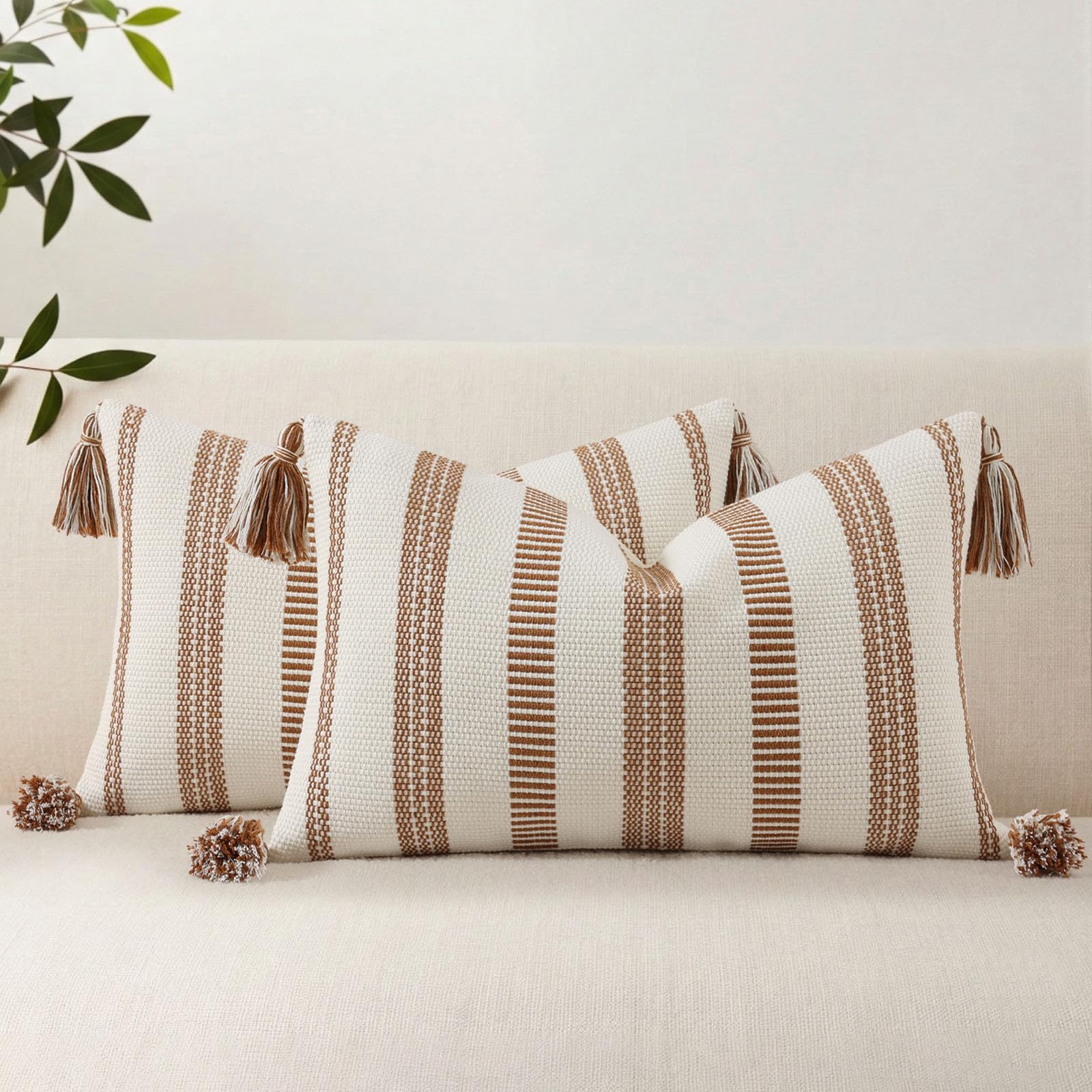 Smile Bee Boho Outdoor Couch Throw Pillow Covers Set of 2 Decorative Thick Woven Striped Accent Neutral Pillow Covers with Tassels for Bed Sofa Home Decor 20x20 Inch, Navy Blue and Cream White