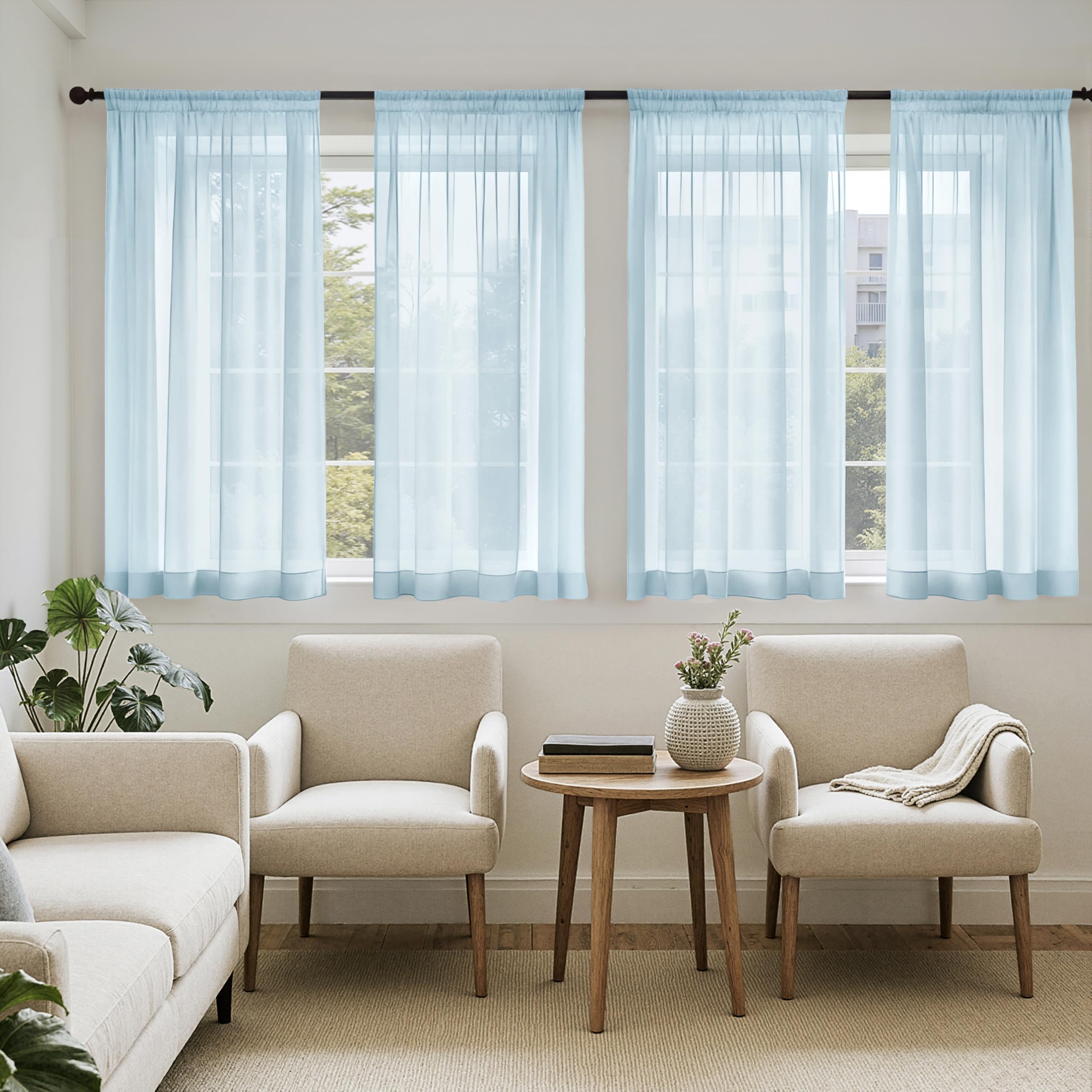 MIULEE Butter Cream Sheer Curtains 96 Inches Long, 4 Panels Set, Rod Pocket Voile Drapes Light Filtering and Semi Transparent, Elegant Window Treatments for Bedroom Living Room,42 x 96 Inches
