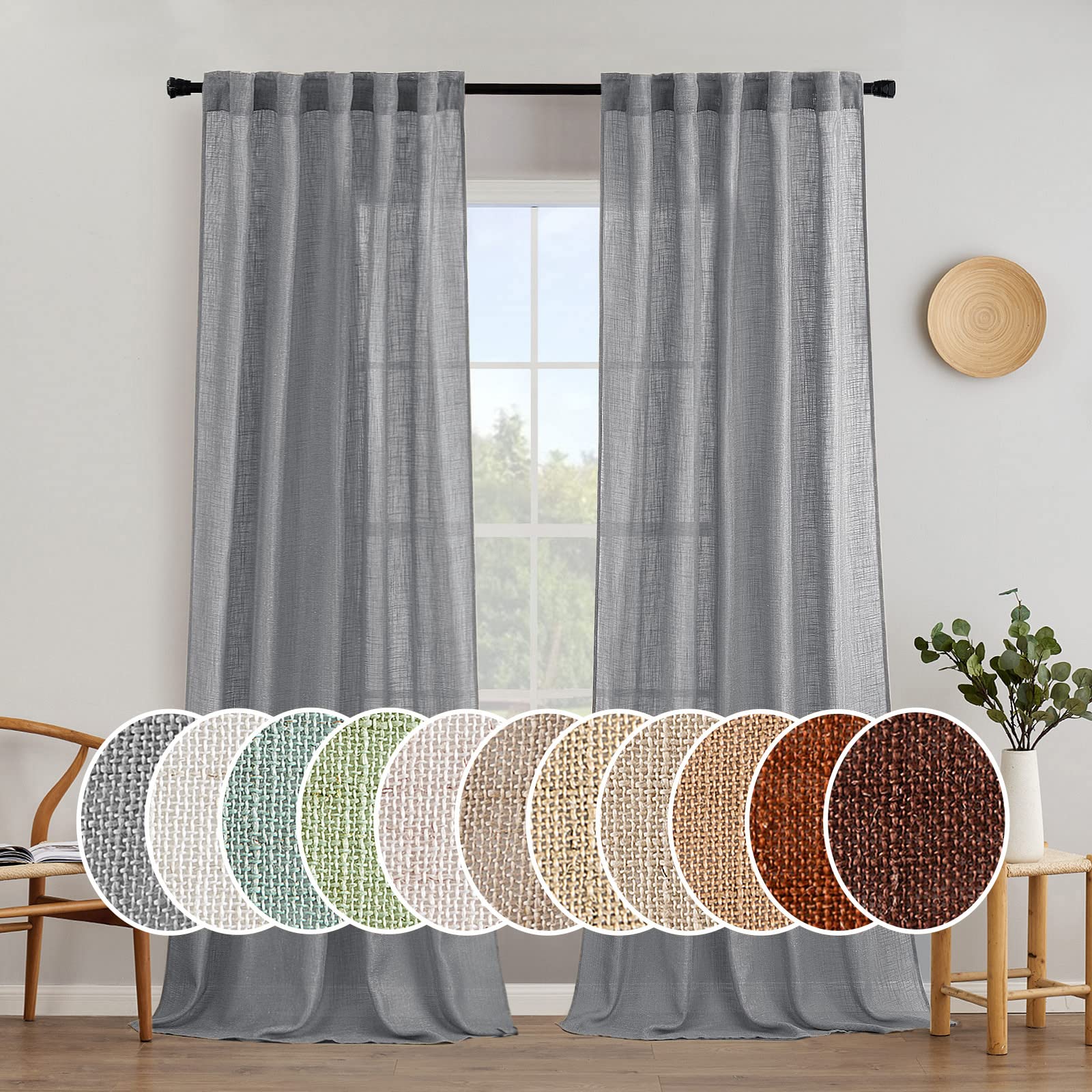 MIULEE Taupe Linen Curtains 84 Inch Length for Bedroom Living Room, Soft Thick Linen Textured Window Drapes Semi Sheer Light Filtering Back Tab Rod Pocket Burlap Look Farmhouse Country Decor, 2 Panels