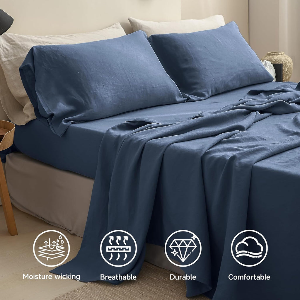 Simple&Opulence 100% Linen Sheets Queen Size Set, 4 Pcs Natural French Linen Bed Sheets, Breathable Soft Durable Bedding Set for All Season (Classic Blue, Queen)