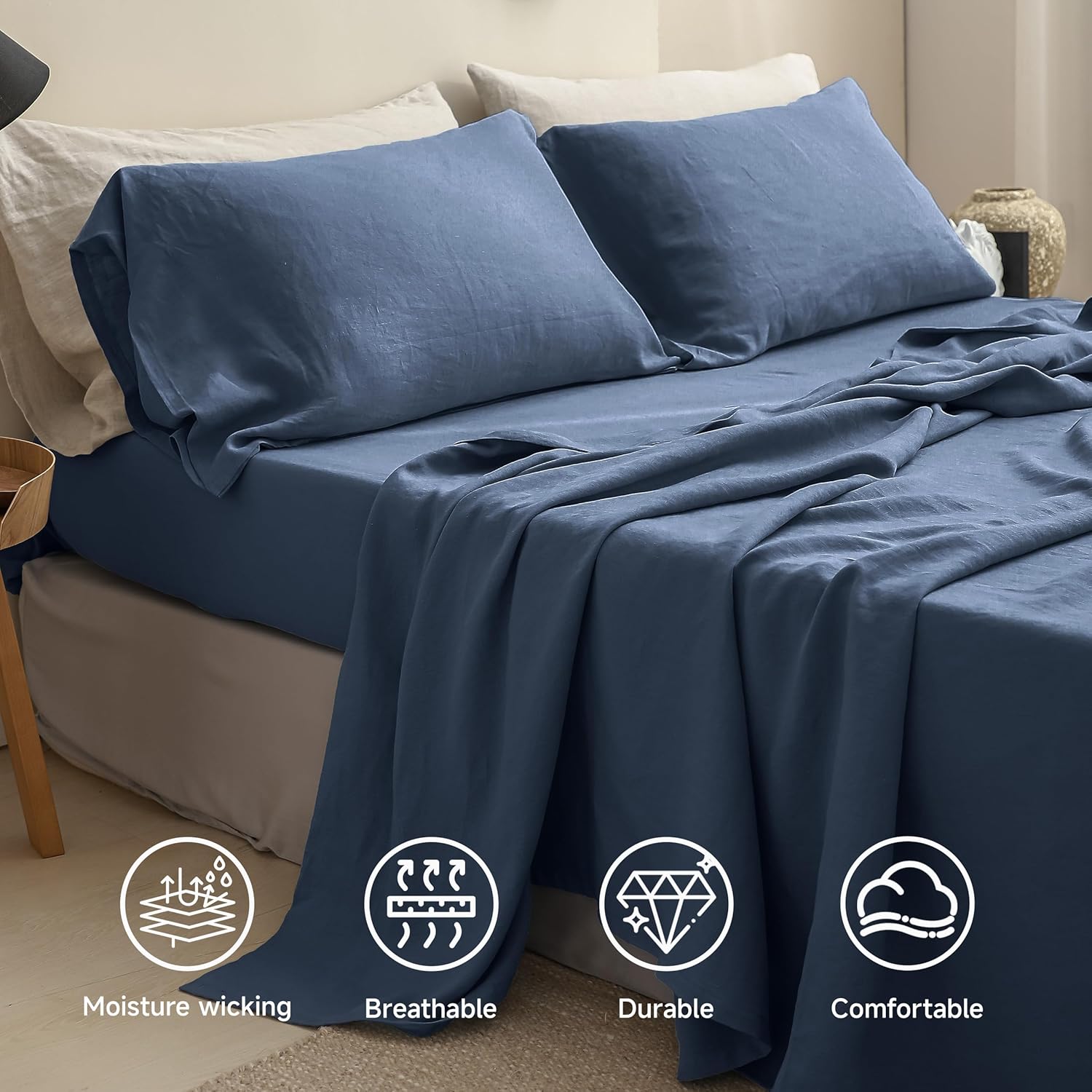 Simple&Opulence 100% Linen Sheets Queen Size Set, 4 Pcs Natural French Linen Bed Sheets, Breathable Soft Durable Bedding Set for All Season (Classic Blue, Queen)