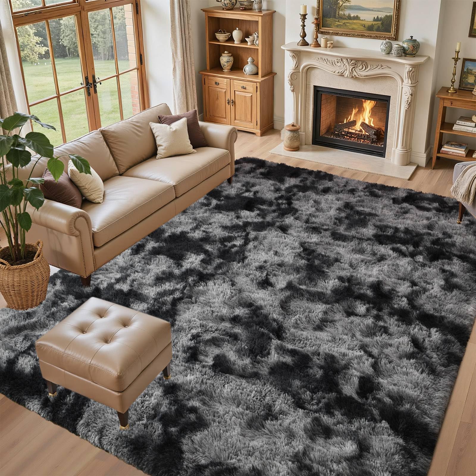 5×7ft Grey Fluffy Tie-Dyed Rug, Soft Shag Carpet for Home Decor