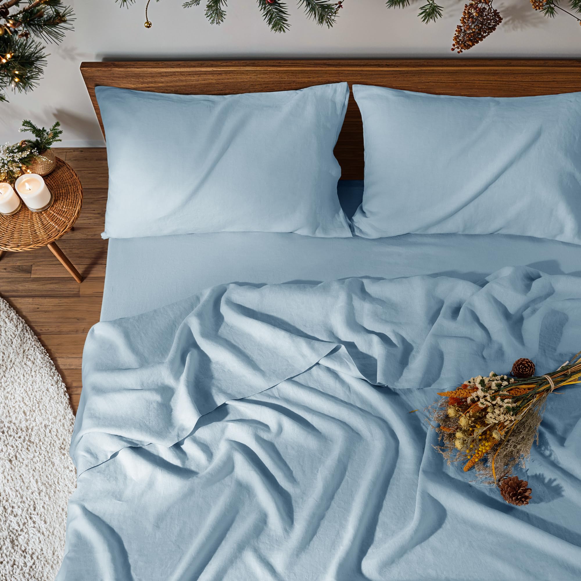 100% Pure Linen Sheet Set for Hot Sleepers, Breathable Natural Linen Sheets 4pcs, Bedding Set Deep Pocket Up to 16" Moisture-Wicking, Softens with Every Wash (Linen Queen)