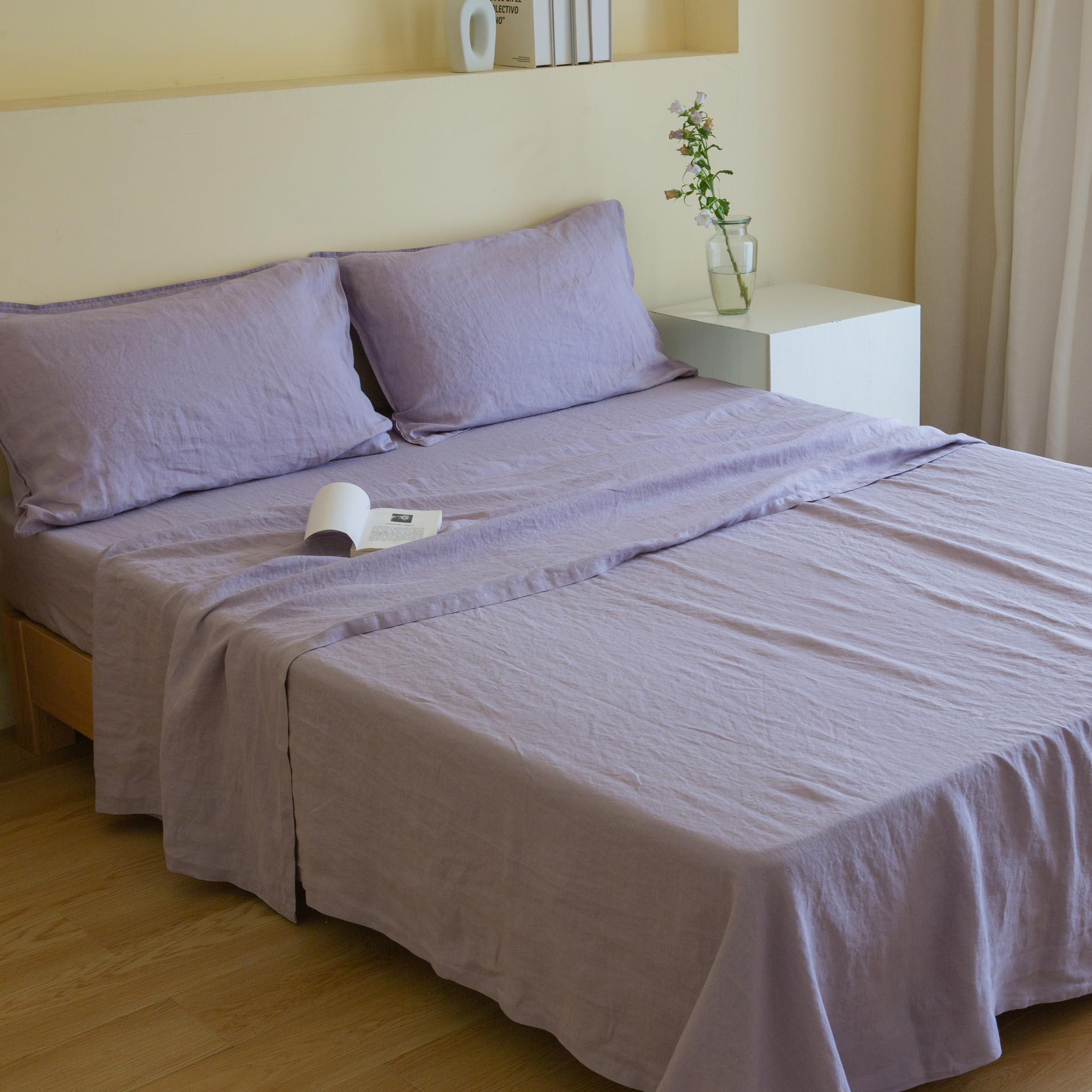Simple&Opulence 100% Linen Sheets Queen Size Set, 4 Pcs Natural French Linen Bed Sheets, Breathable Soft Durable Bedding Set for All Season (Classic Blue, Queen)