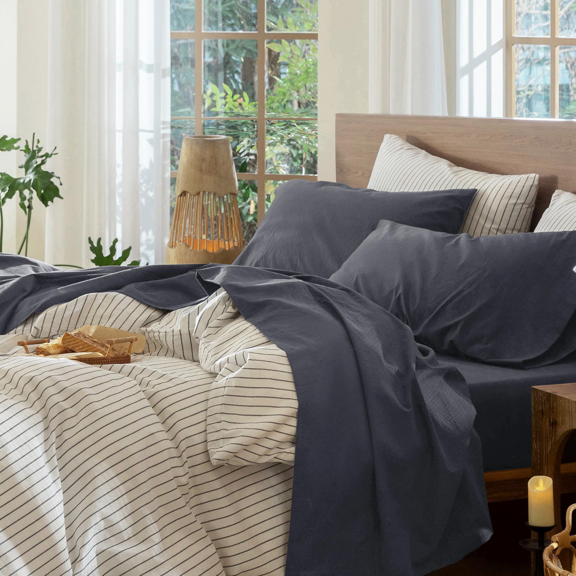MooMee Bedding Sheet Set 100% Washed Cotton Linen Like Textured Breathable Durable Soft Comfy (Heathered Green, Queen)