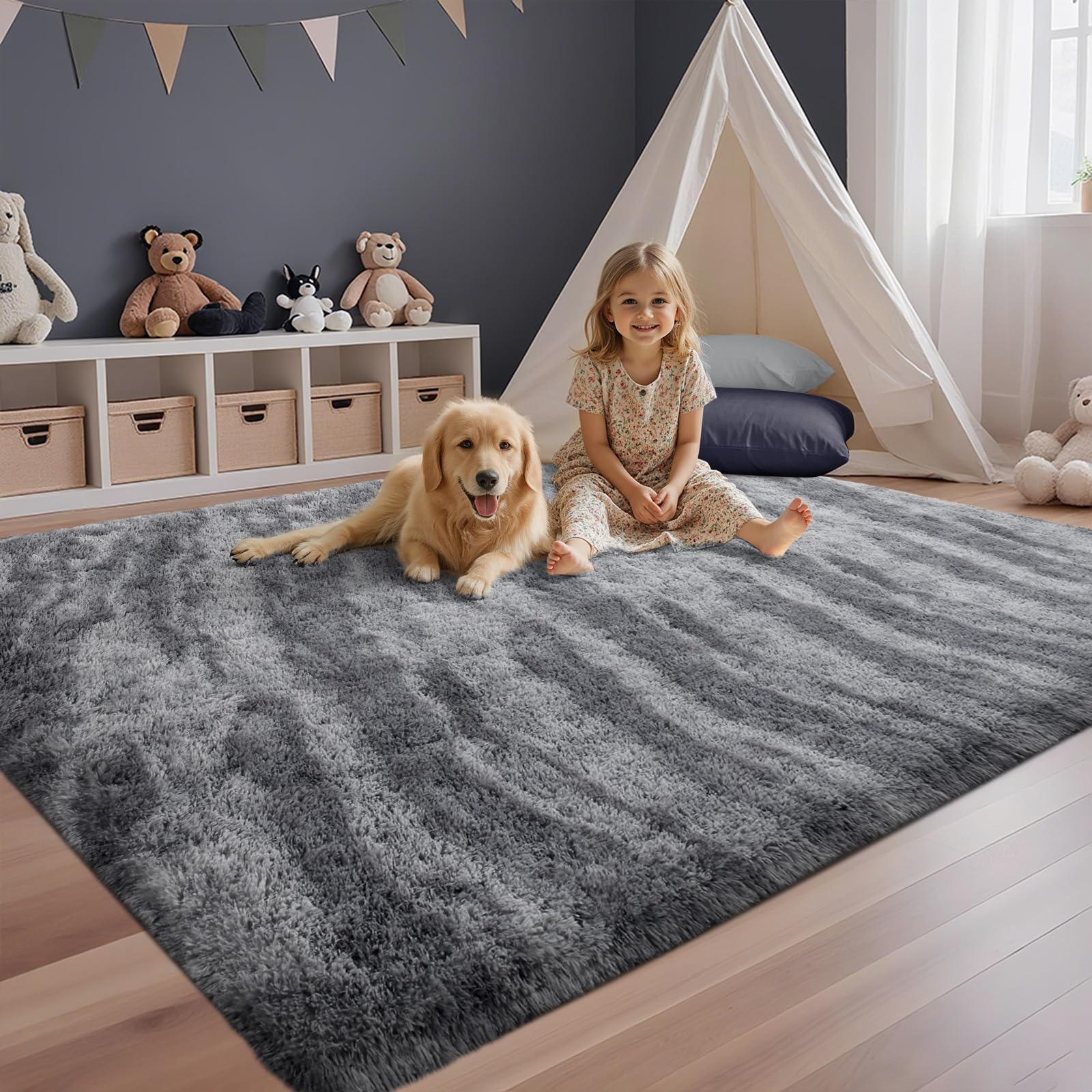 5×7ft Grey Fluffy Tie-Dyed Rug, Soft Shag Carpet for Home Decor