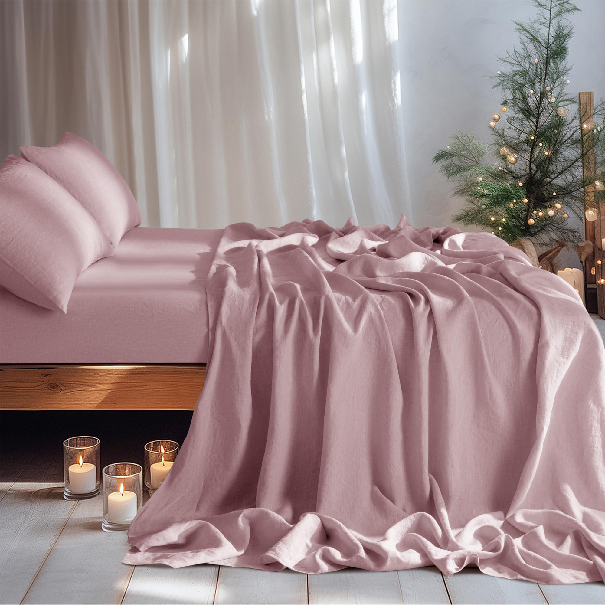 LBRO2M 100% Linen Sheet Set Deep Pocket Fit Up to 19" Bed Sheets Sets, Natural Flax Beddings Soft, Breathable, Comfortable for All Year Round 4 Pcs Sheet Set (Queen, Linen)