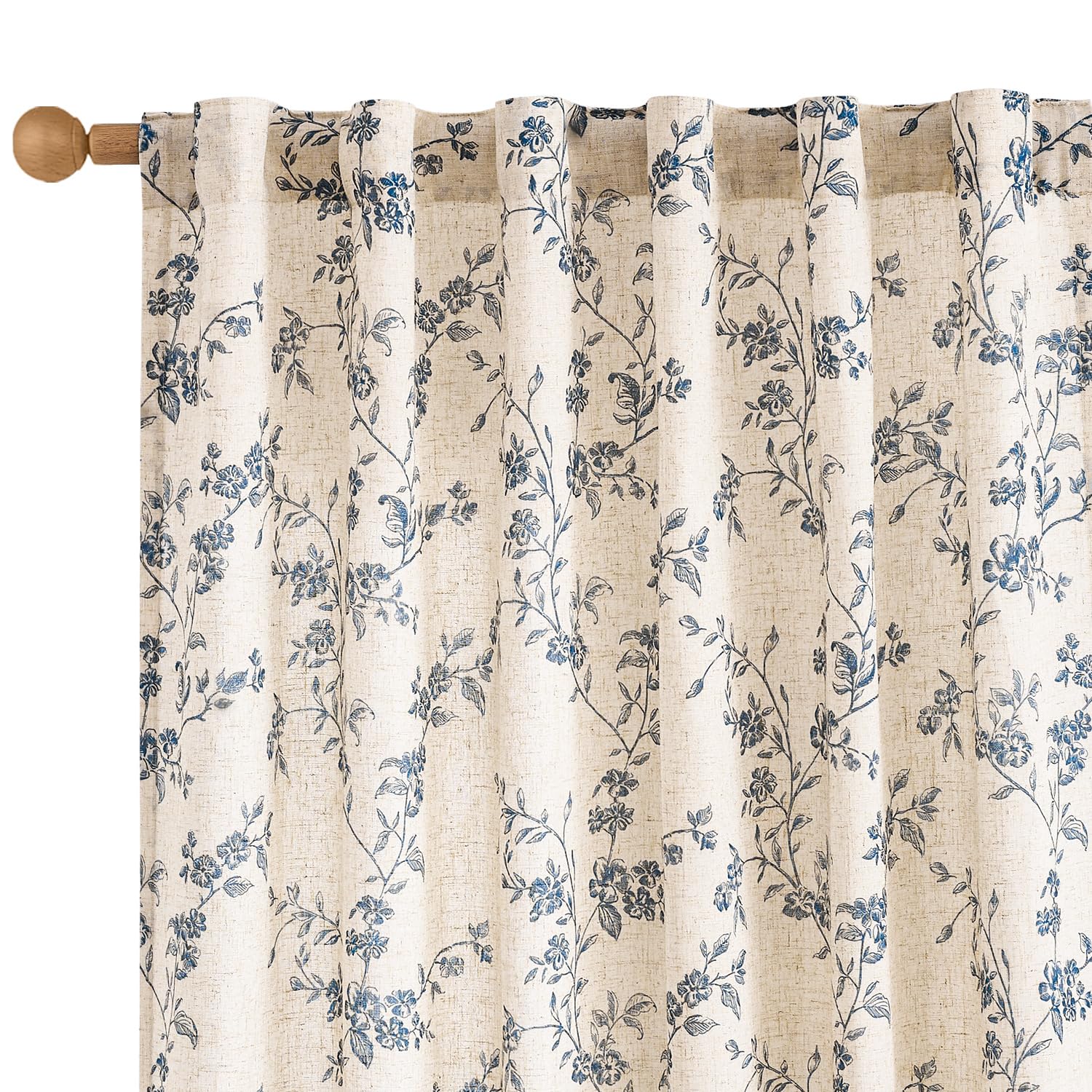 Lazzzy Linen Farmhouse Curtains Green Floral Curtains 63 Inch Length Back Tab Drapes for Living Room Bedroom Light Filtering Country Vintage Rod Pocket Curtain, 2 Panels, Green on Beige