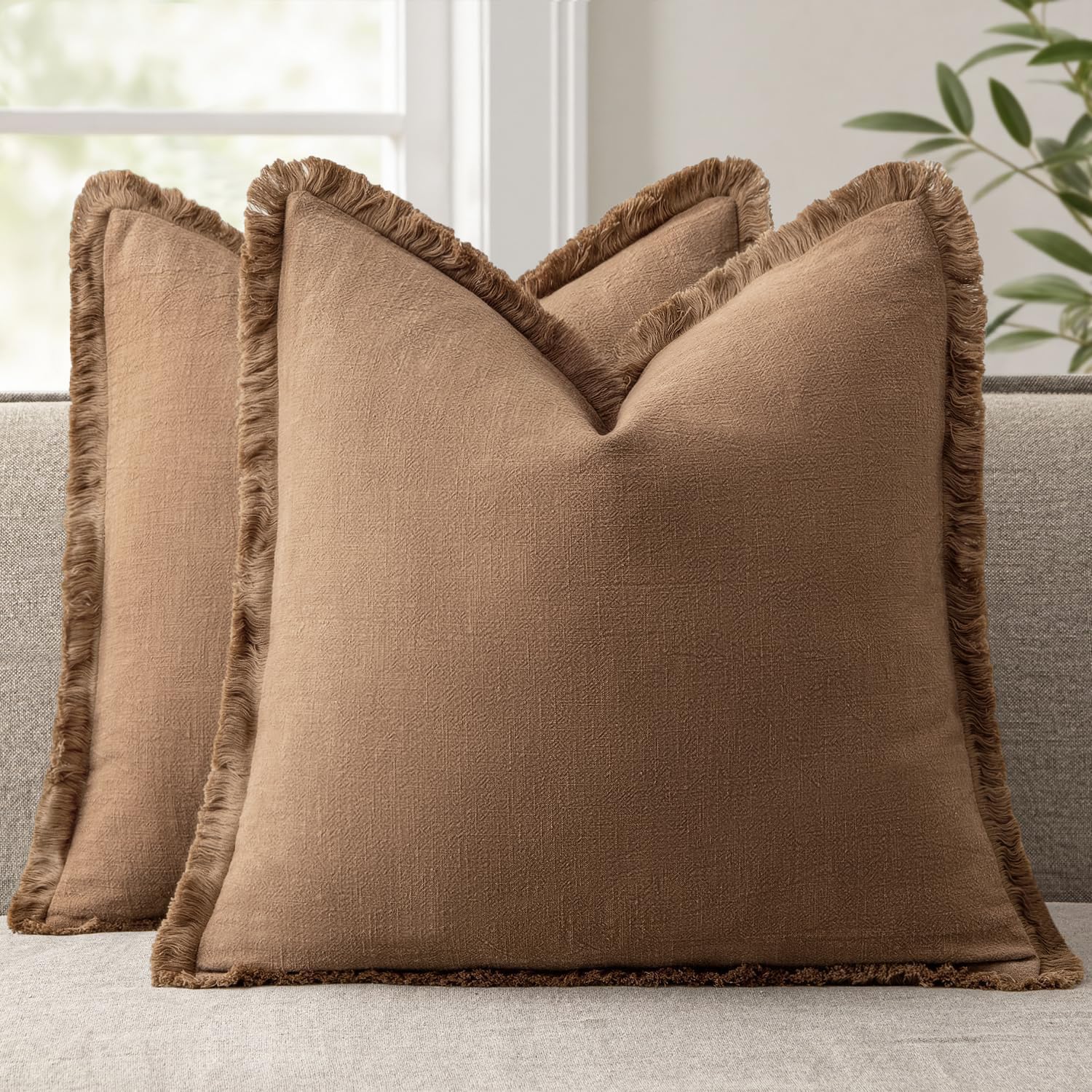 ANRODUO Set of 2 Decorative Throw Pillow Covers 26×26 Inch Soft Linen Fringe Farmhouse Boho Vintage Cushion Covers with Tassels Accent Pillowcase for Couch Sofa Bed Living Room Summer Decor Cream