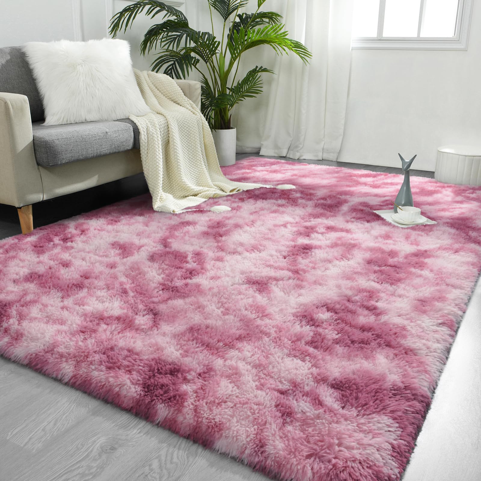 FlyDOIT Large Area Rugs for Living Room, 5x8 Feet Tie-Dyed Light Grey Shaggy Rug Fluffy Throw Carpets, Ultra Soft Plush Modern Indoor Fuzzy Rugs for Bedroom Girls Kids Nursery Room Dorm Home Decor