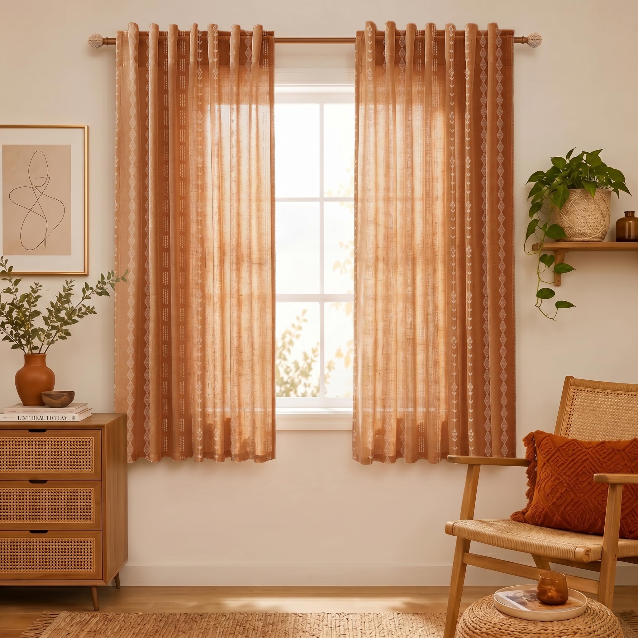 Linen Farmhouse Curtains for Living Room, Neutral Taupe Cream Light Filtering Boho Sheer Floral Patterned Curtains for Dining Room Bedroom 84 Inch Length 2 Panels Set