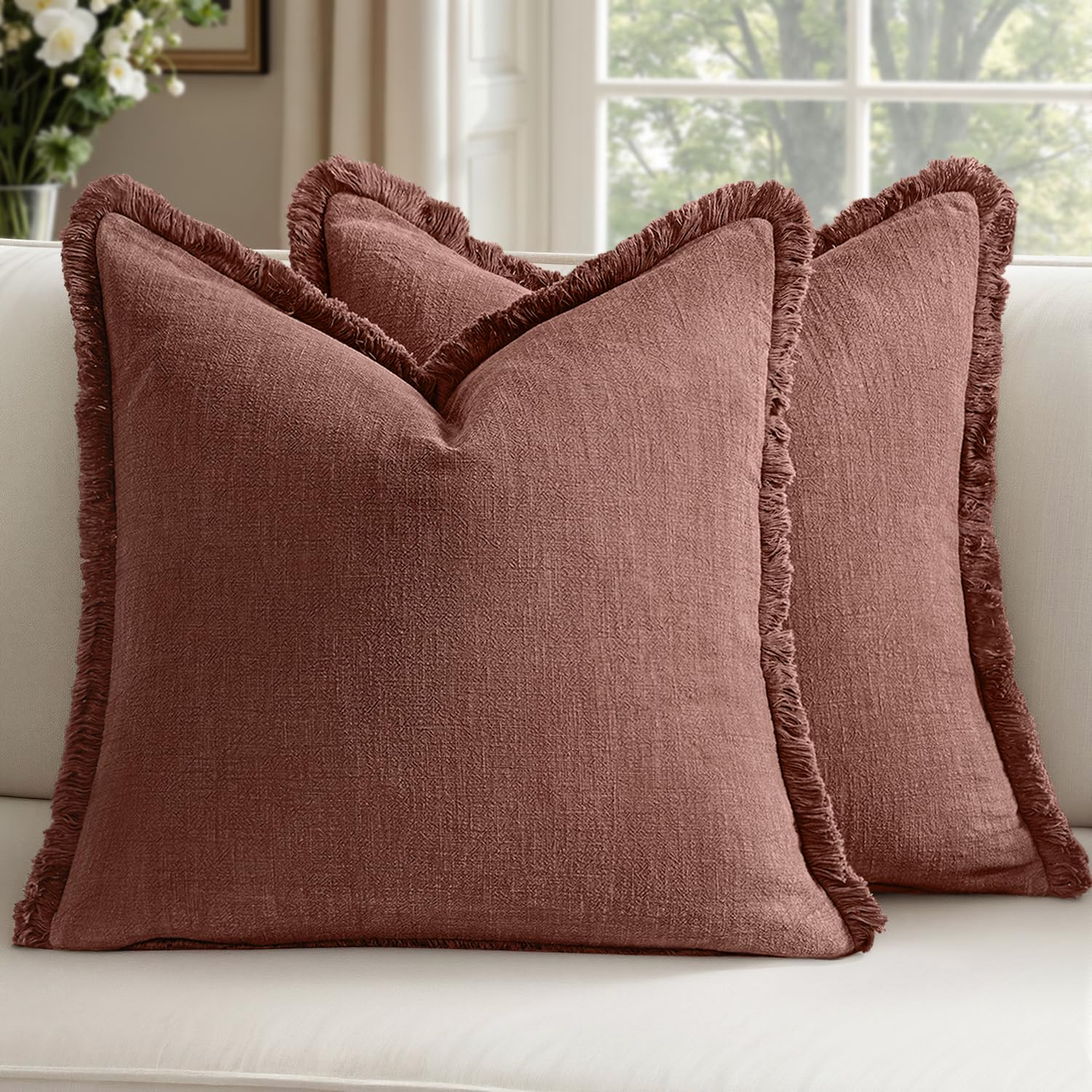 Decorative Linen Fringe Throw Pillow Covers Boho Farmhouse Soft Euro Accent Pillowcases with Tassels for Bed Couch Sofa Living Room Bedroom,24x24 Inch Set of 2,Brown