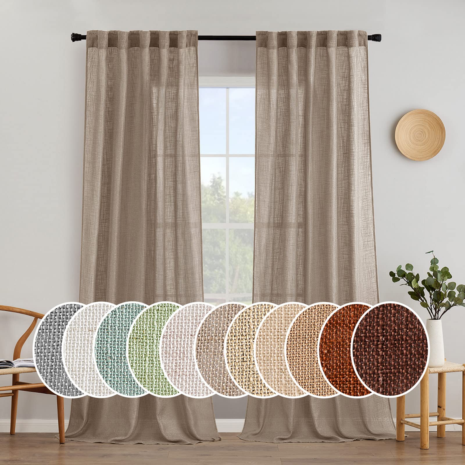 MIULEE Taupe Linen Curtains 84 Inch Length for Bedroom Living Room, Soft Thick Linen Textured Window Drapes Semi Sheer Light Filtering Back Tab Rod Pocket Burlap Look Farmhouse Country Decor, 2 Panels