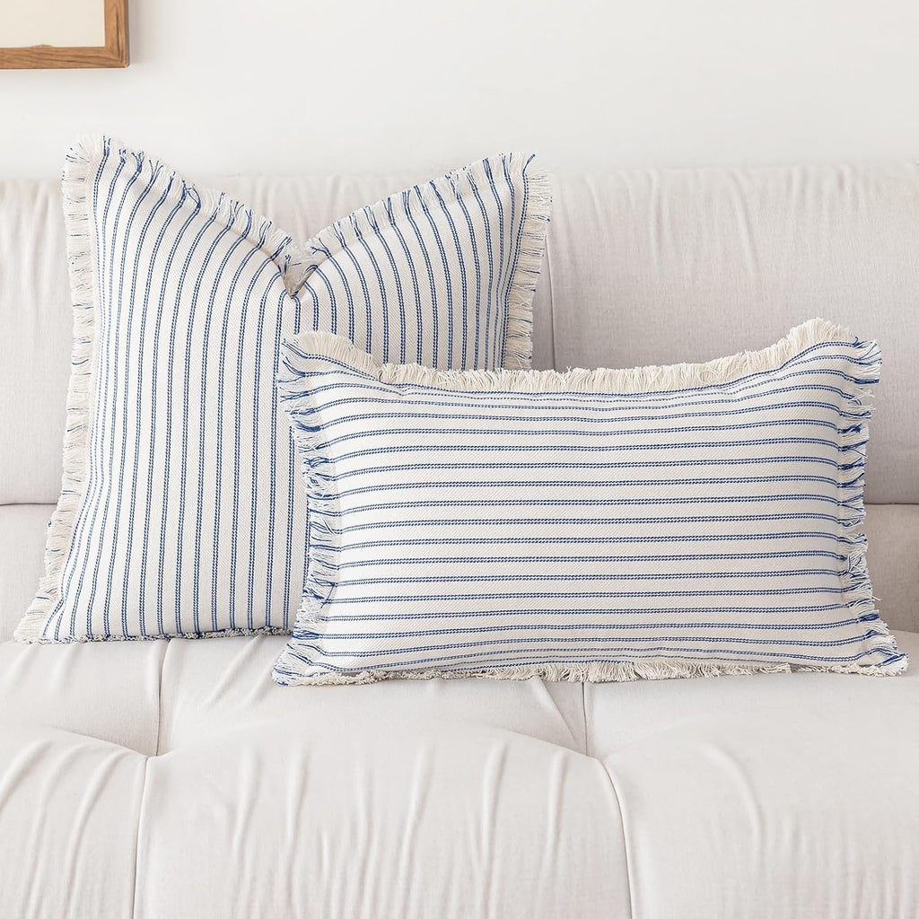 YEENAASY Throw Pillow Covers 22x22 Set of 2 Striped Fringe Pillow Cover Farmhouse Cushion Covers with Tassel Neutral Boho Pillows Decorative Square Pillowcase for Couch Sofa Bed, Blue