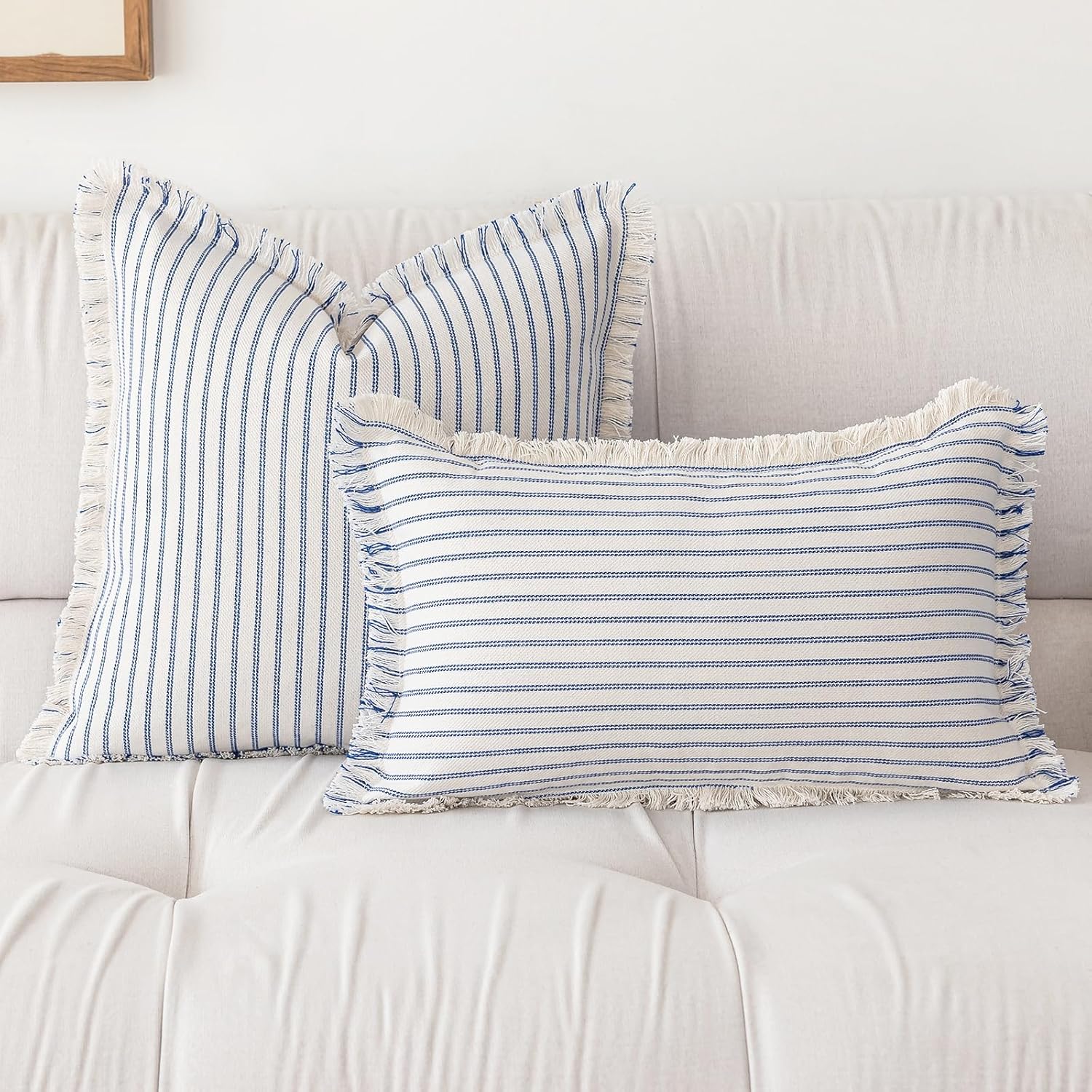 YEENAASY Throw Pillow Covers 22x22 Set of 2 Striped Fringe Pillow Cover Farmhouse Cushion Covers with Tassel Neutral Boho Pillows Decorative Square Pillowcase for Couch Sofa Bed, Blue
