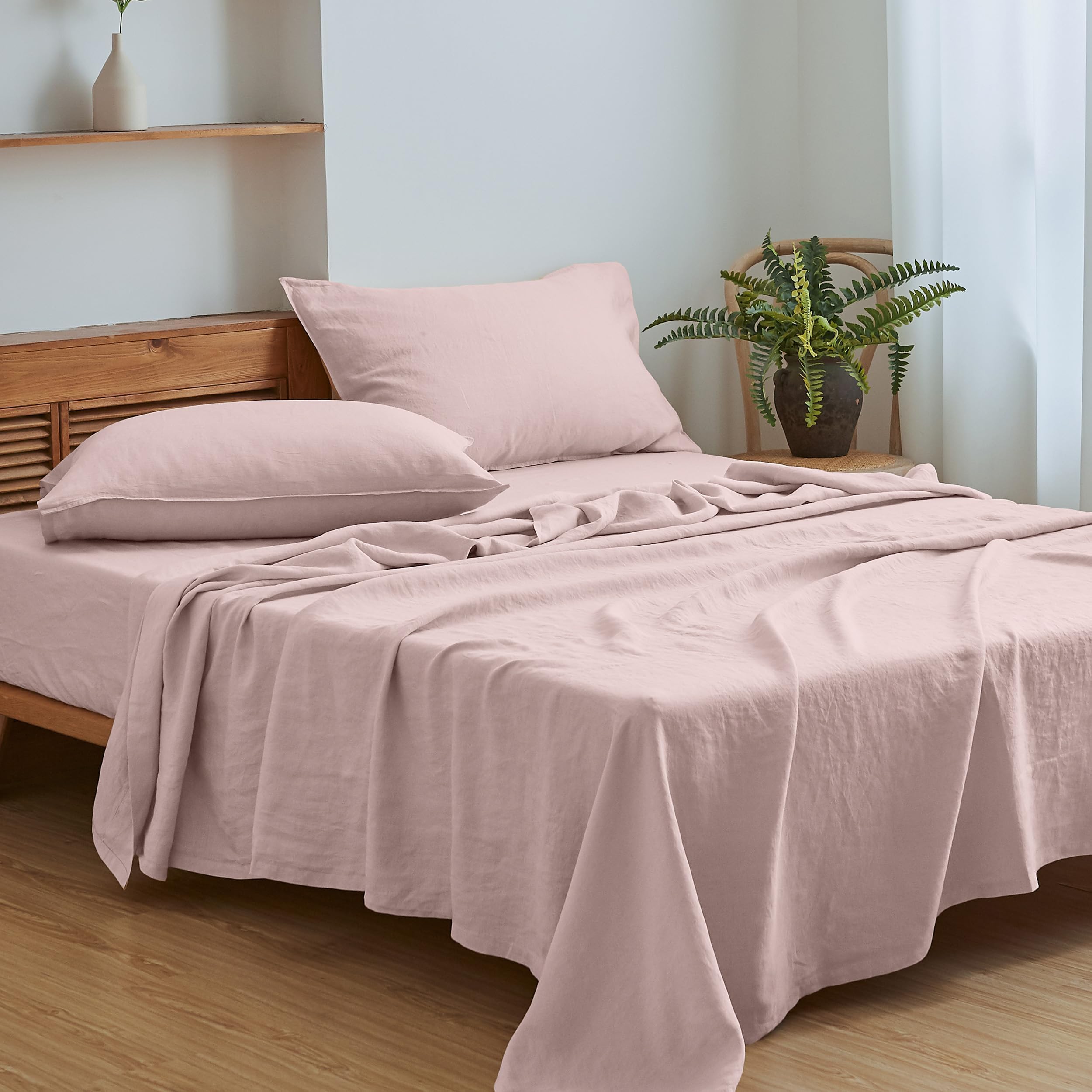 Simple&Opulence 100% Linen Sheets Queen Size Set, 4 Pcs Natural French Linen Bed Sheets, Breathable Soft Durable Bedding Set for All Season (Classic Blue, Queen)