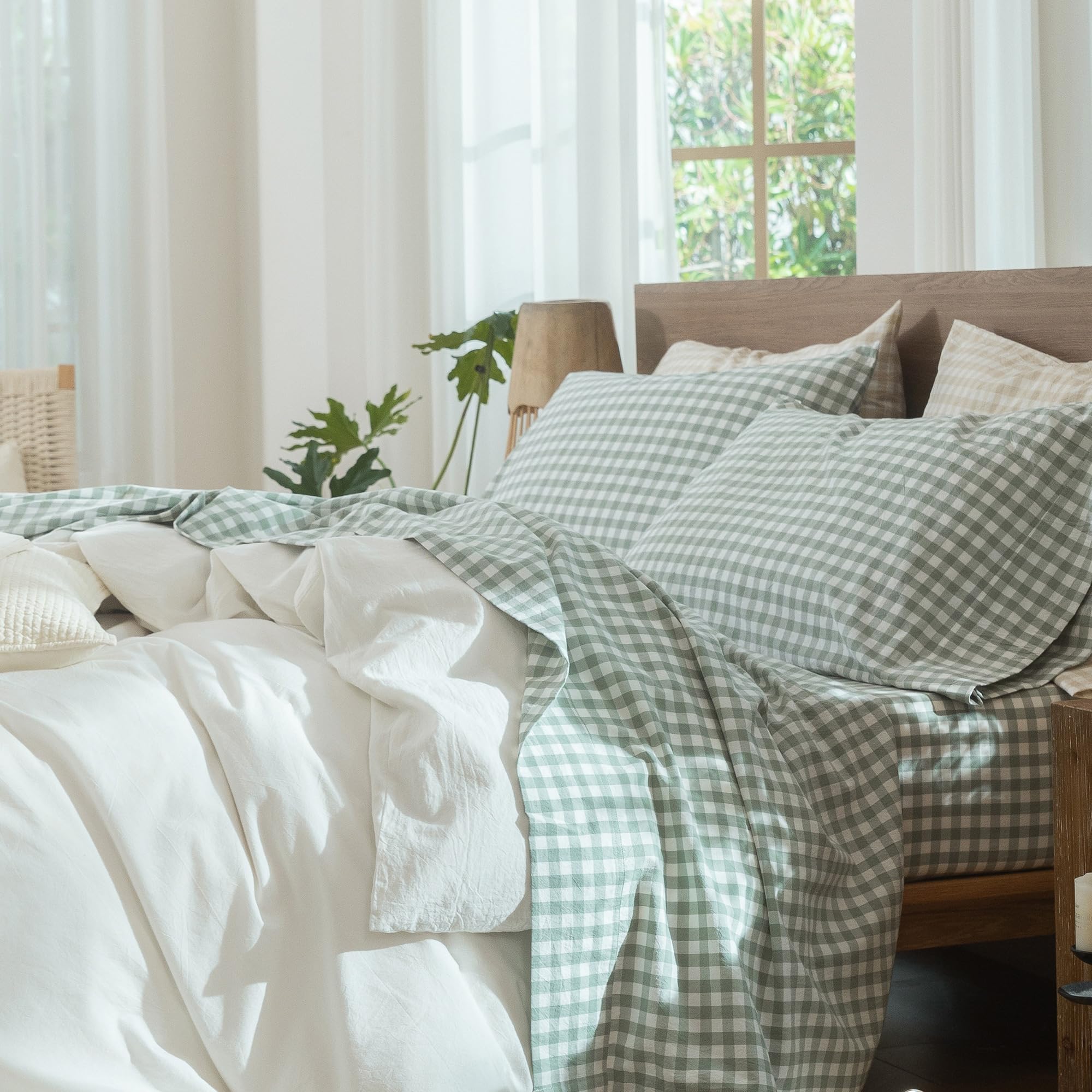 MooMee Bedding Sheet Set 100% Washed Cotton Linen Like Textured Breathable Durable Soft Comfy (Heathered Green, Queen)
