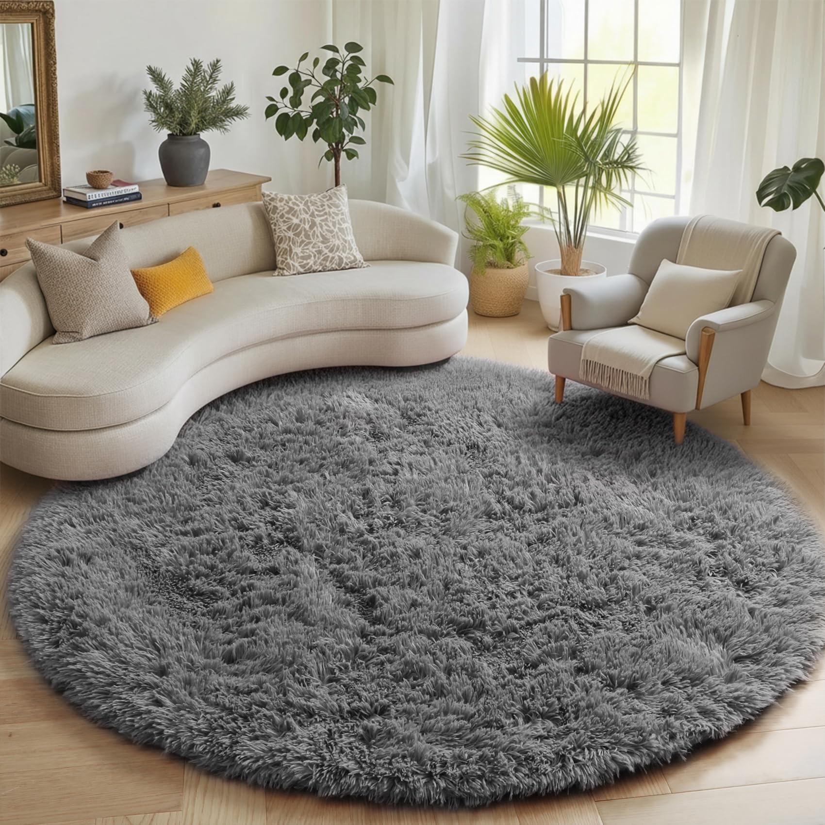 ONASAR Tie-Dyed Dark Grey Round Area Rugs 5ft, Ultra Soft Bedroom Circle Rug for Kids Girls Teen Room, Fluffy Plush Shaggy Carpet Floor Mats for Baby Nursery Living Room Playroom Home Decor