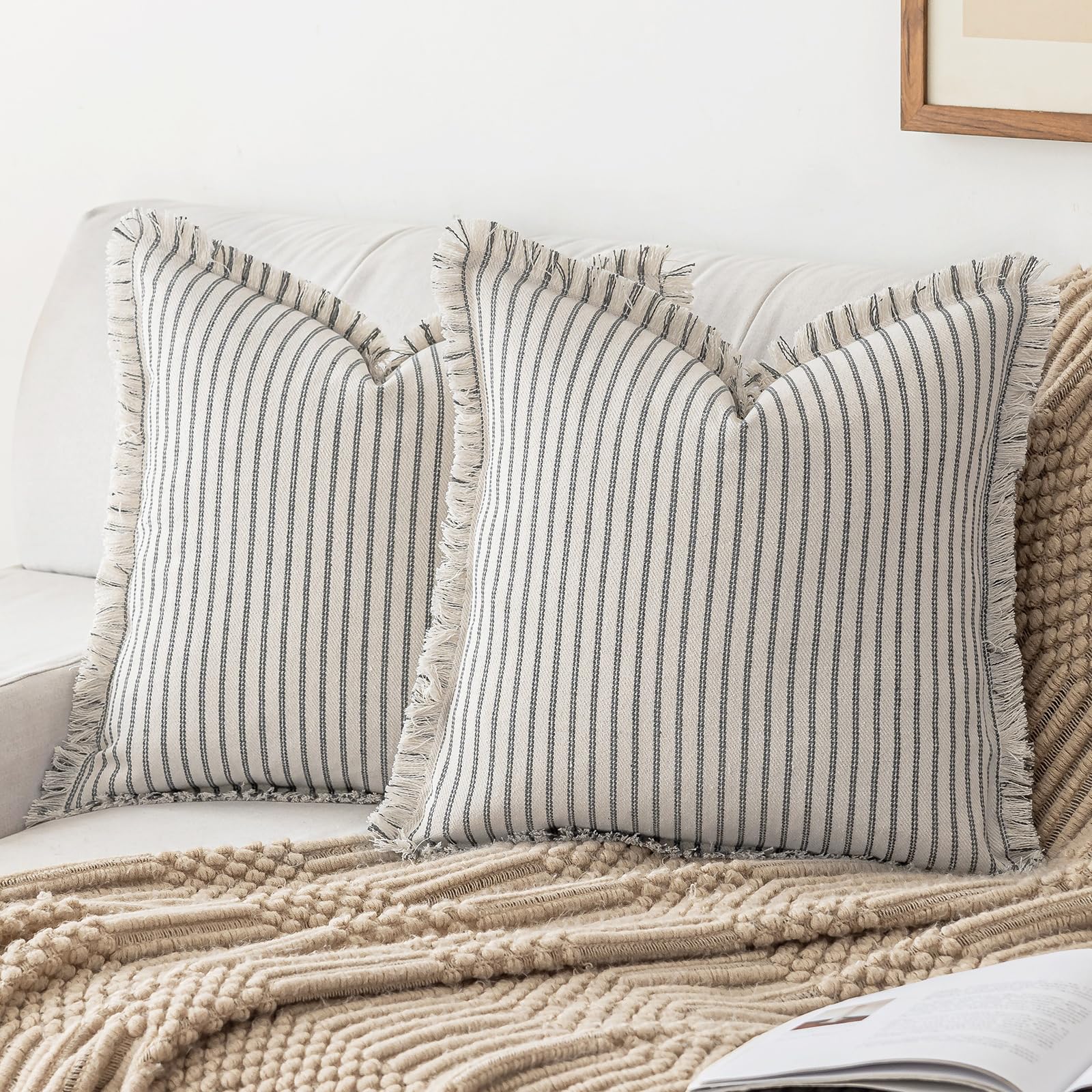 YEENAASY Throw Pillow Covers 22x22 Set of 2 Striped Fringe Pillow Cover Farmhouse Cushion Covers with Tassel Neutral Boho Pillows Decorative Square Pillowcase for Couch Sofa Bed, Blue