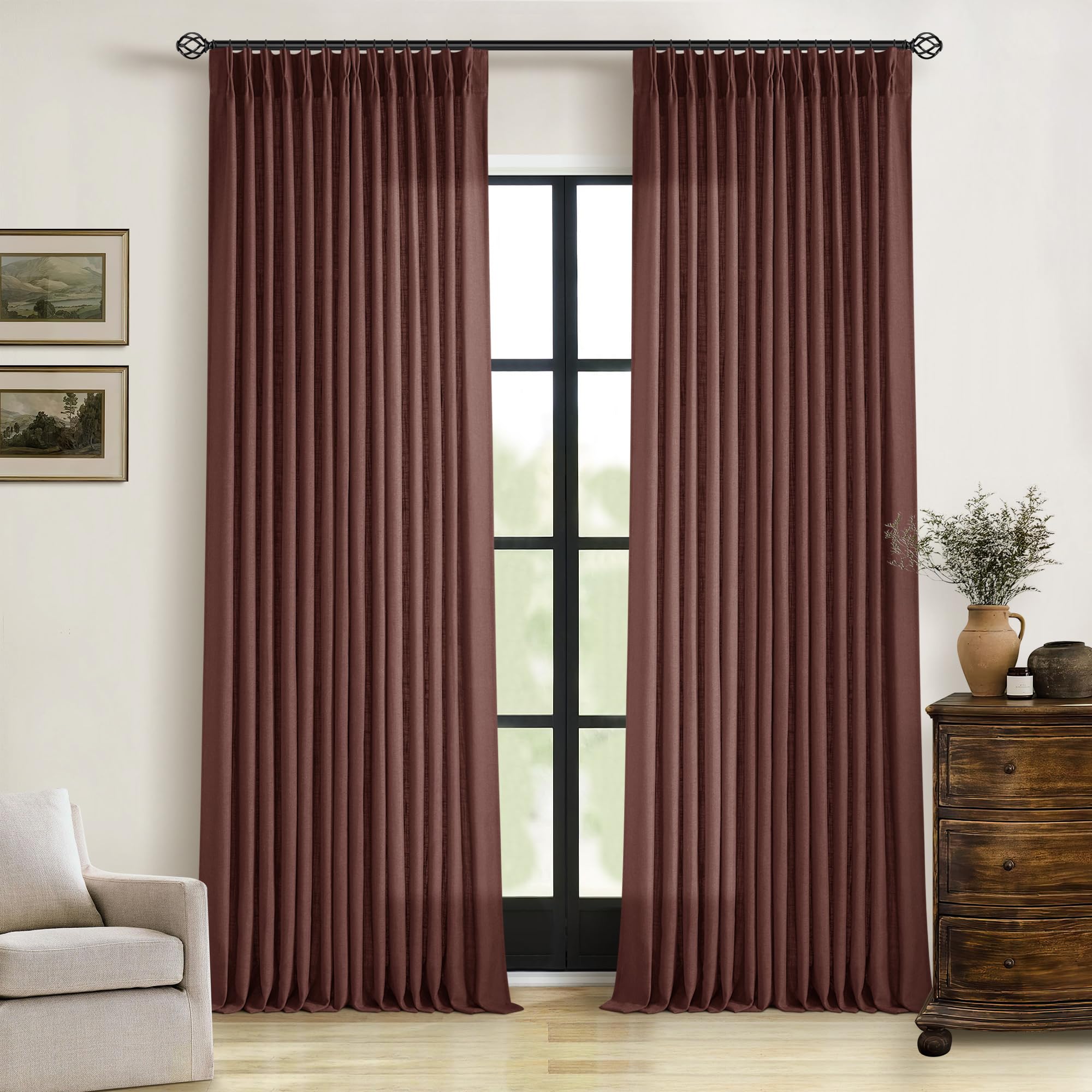 Dutch Cocoa Pinch Pleated Linen Curtains 84 Inches Long 60 Inch Width Linen Blend Light Filtering Window Curtains 84 Inch for Living Room Bedroom Patio Pinch Pleat Drapes Hooks Rings 1 Panel 60Wx84L