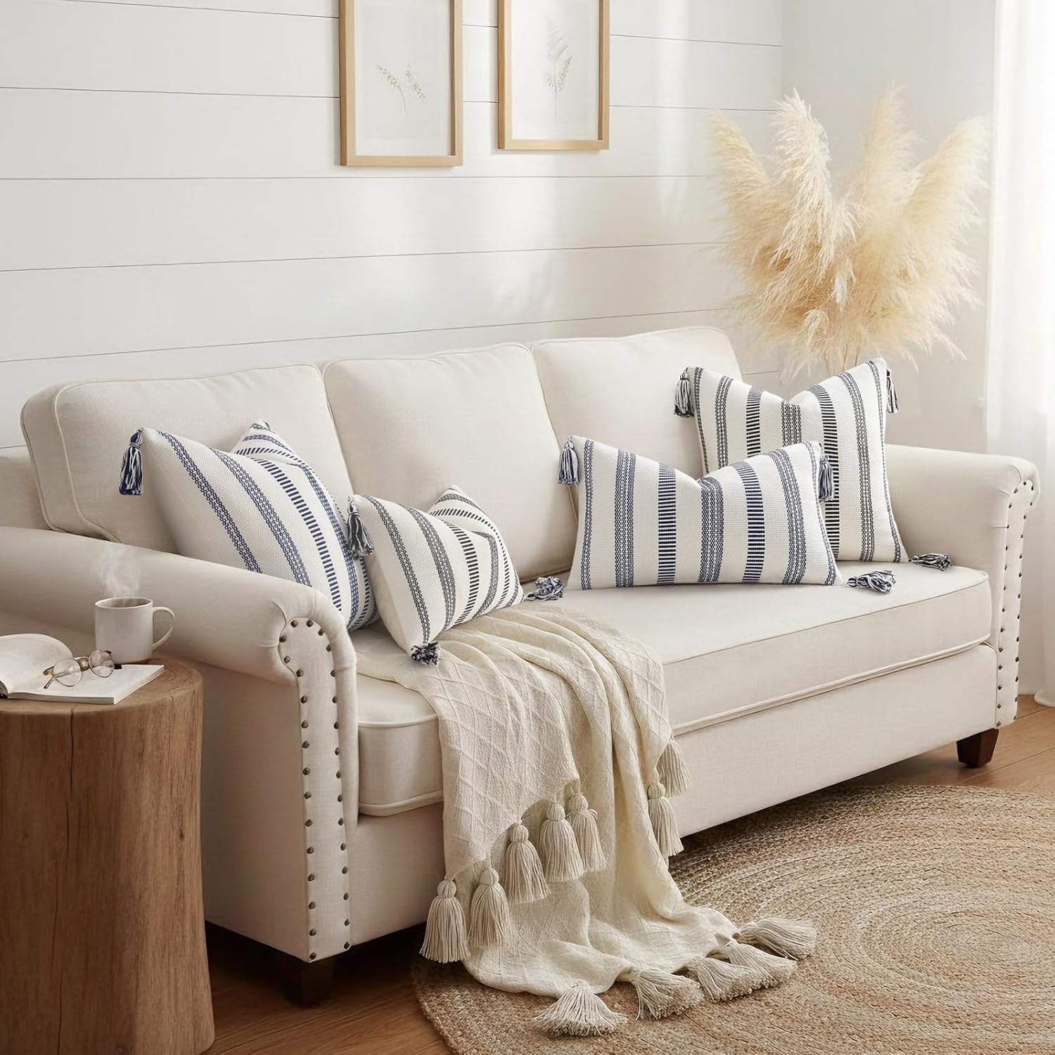 Smile Bee Boho Outdoor Couch Throw Pillow Covers Set of 2 Decorative Thick Woven Striped Accent Neutral Pillow Covers with Tassels for Bed Sofa Home Decor 20x20 Inch, Navy Blue and Cream White