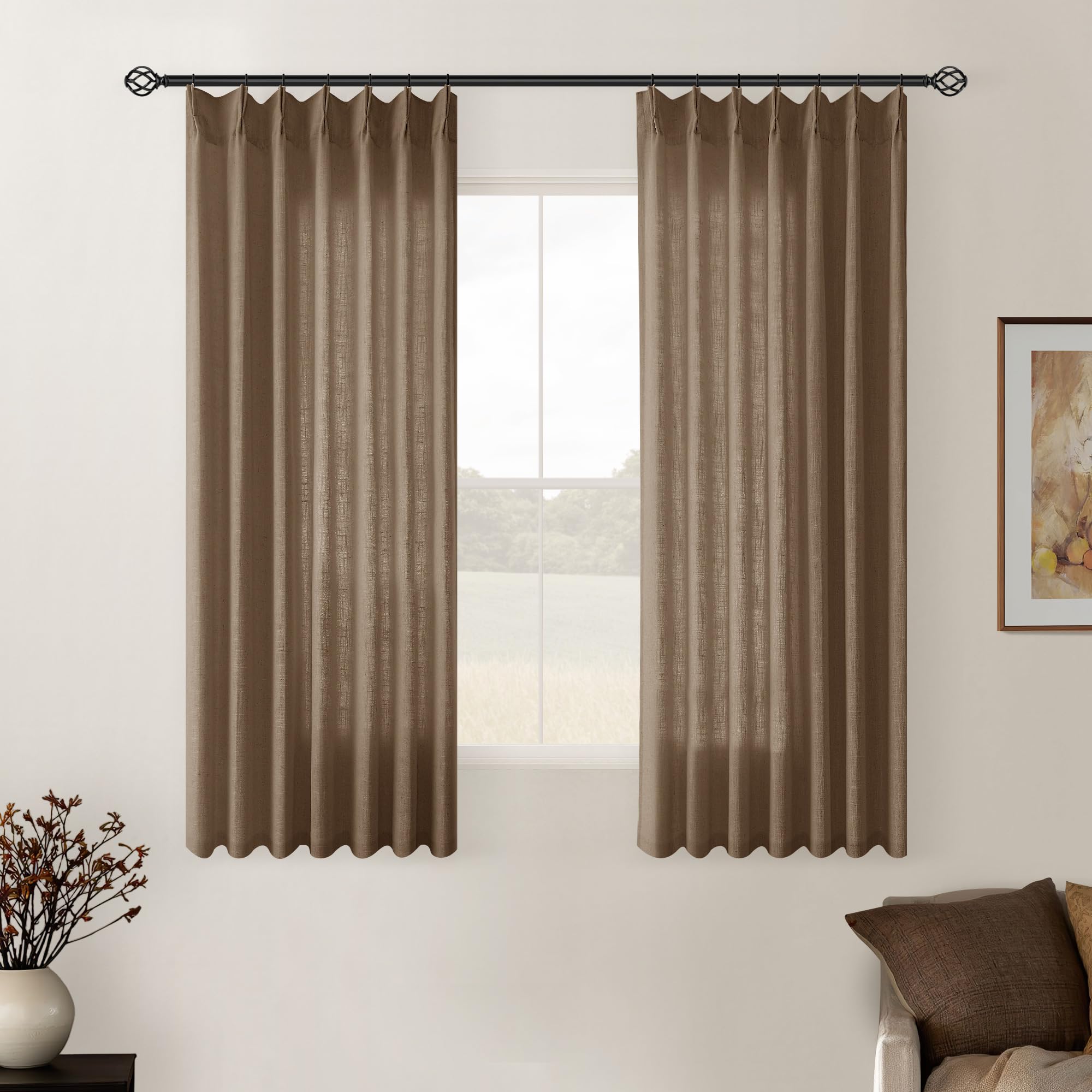 Dutch Cocoa Pinch Pleated Linen Curtains 84 Inches Long 60 Inch Width Linen Blend Light Filtering Window Curtains 84 Inch for Living Room Bedroom Patio Pinch Pleat Drapes Hooks Rings 1 Panel 60Wx84L