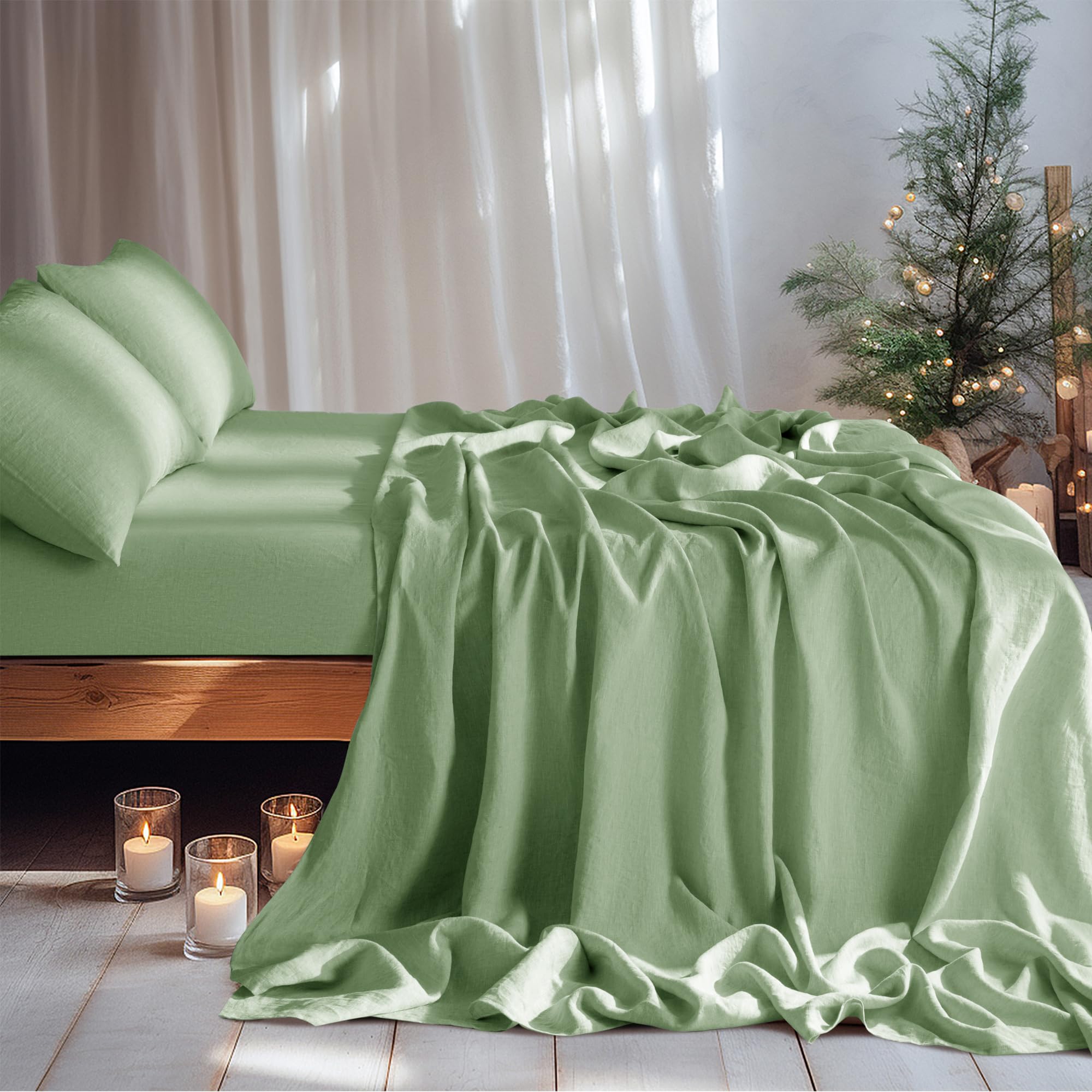 LBRO2M 100% Linen Sheet Set Deep Pocket Fit Up to 19" Bed Sheets Sets, Natural Flax Beddings Soft, Breathable, Comfortable for All Year Round 4 Pcs Sheet Set (Queen, Linen)