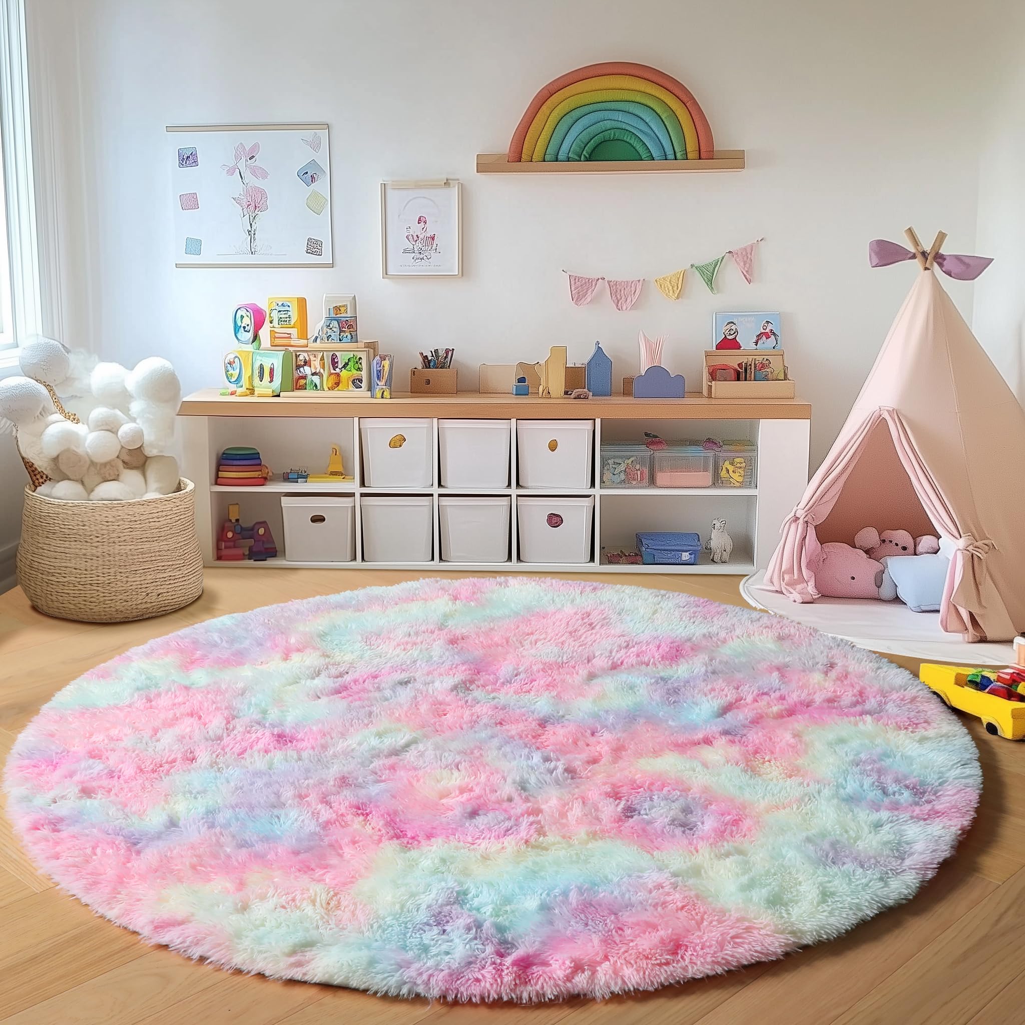 ONASAR Tie-Dyed Dark Grey Round Area Rugs 5ft, Ultra Soft Bedroom Circle Rug for Kids Girls Teen Room, Fluffy Plush Shaggy Carpet Floor Mats for Baby Nursery Living Room Playroom Home Decor