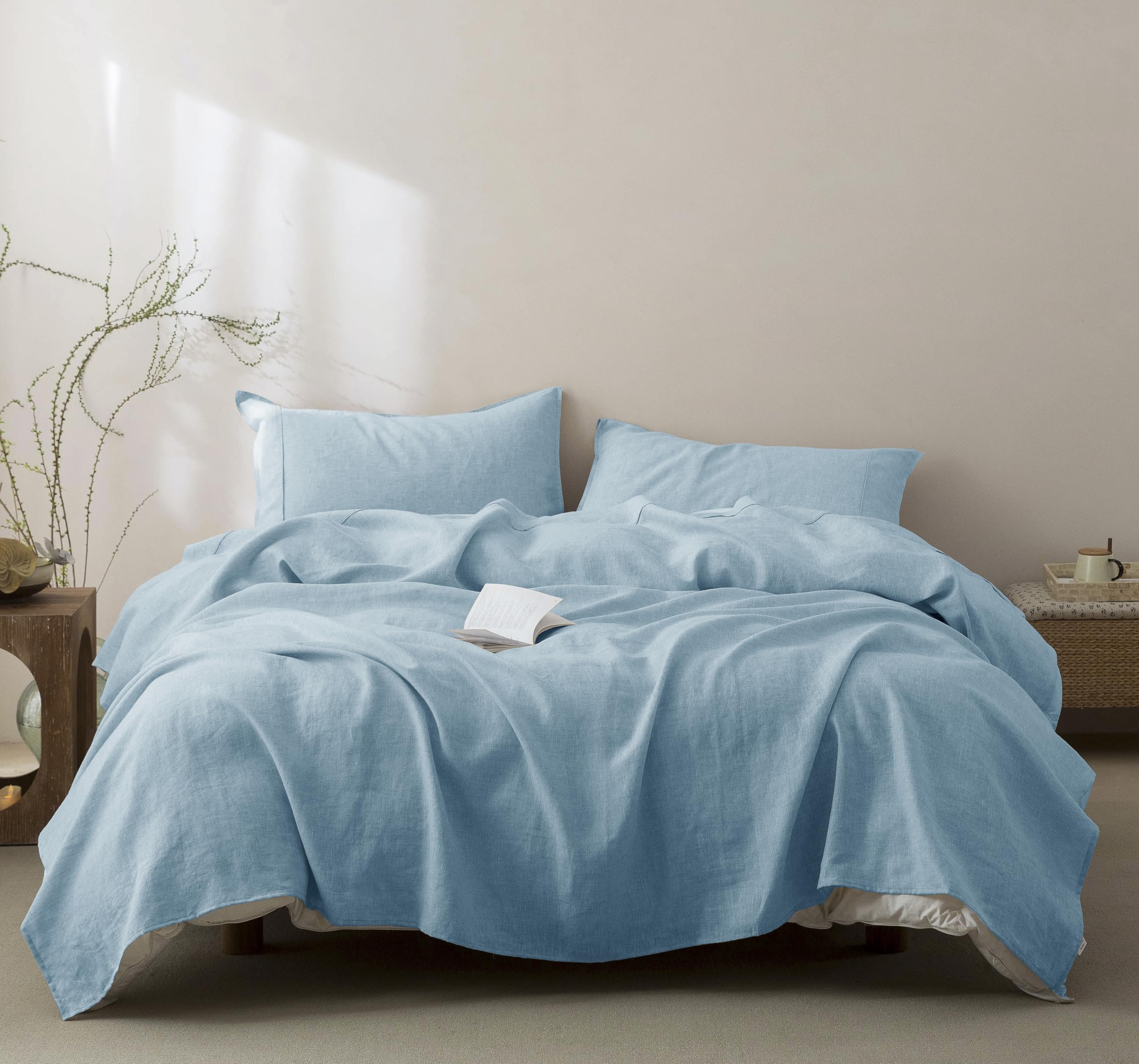 Talasily 100% French Pure Linen Sheets Set Queen Size,Oeko-TEX Certified Bedding, All-Season Breathable for Hot Sleepers,16 Inch Deep Pocket Machine Washable 4-Piece (Natural Linen)