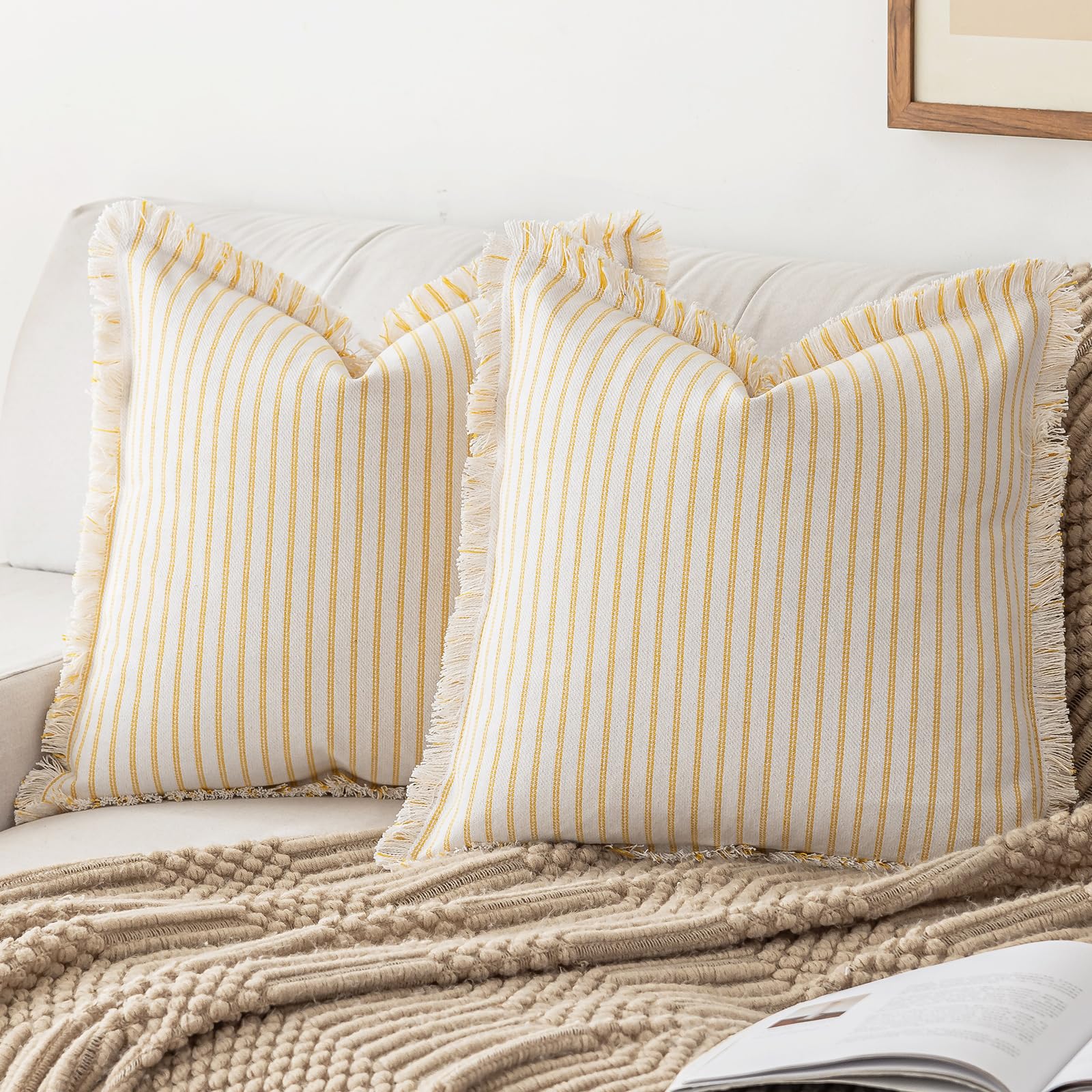 YEENAASY Throw Pillow Covers 22x22 Set of 2 Striped Fringe Pillow Cover Farmhouse Cushion Covers with Tassel Neutral Boho Pillows Decorative Square Pillowcase for Couch Sofa Bed, Blue