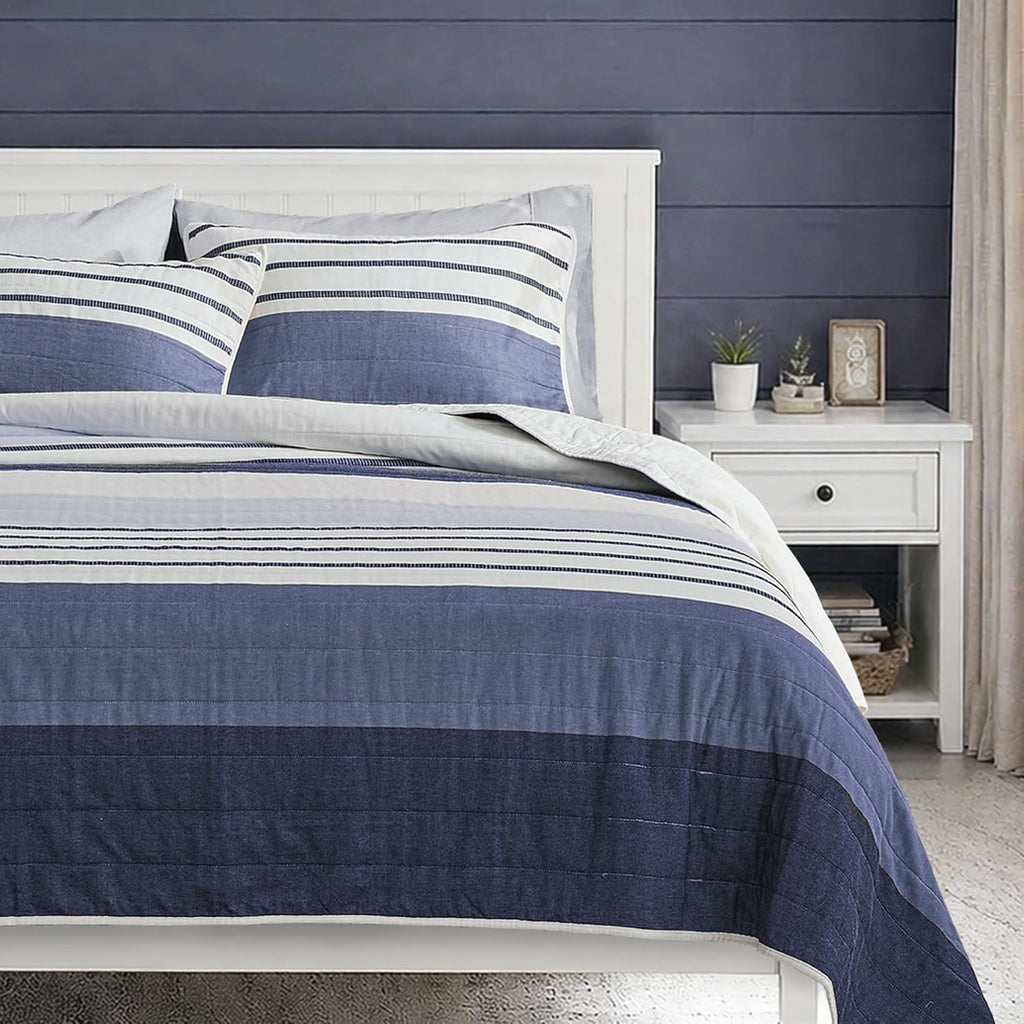 Wonderful Natural Linen Cotton Quilt - Skin-Friendly Breathable & Hypoallergenic Quilt Queen, 3 Piece Wavy Box Stitched Linen Bedding Set, All-Season Use Bedspread & Coverlet Bedding, 94"x94" | Safe Sleep