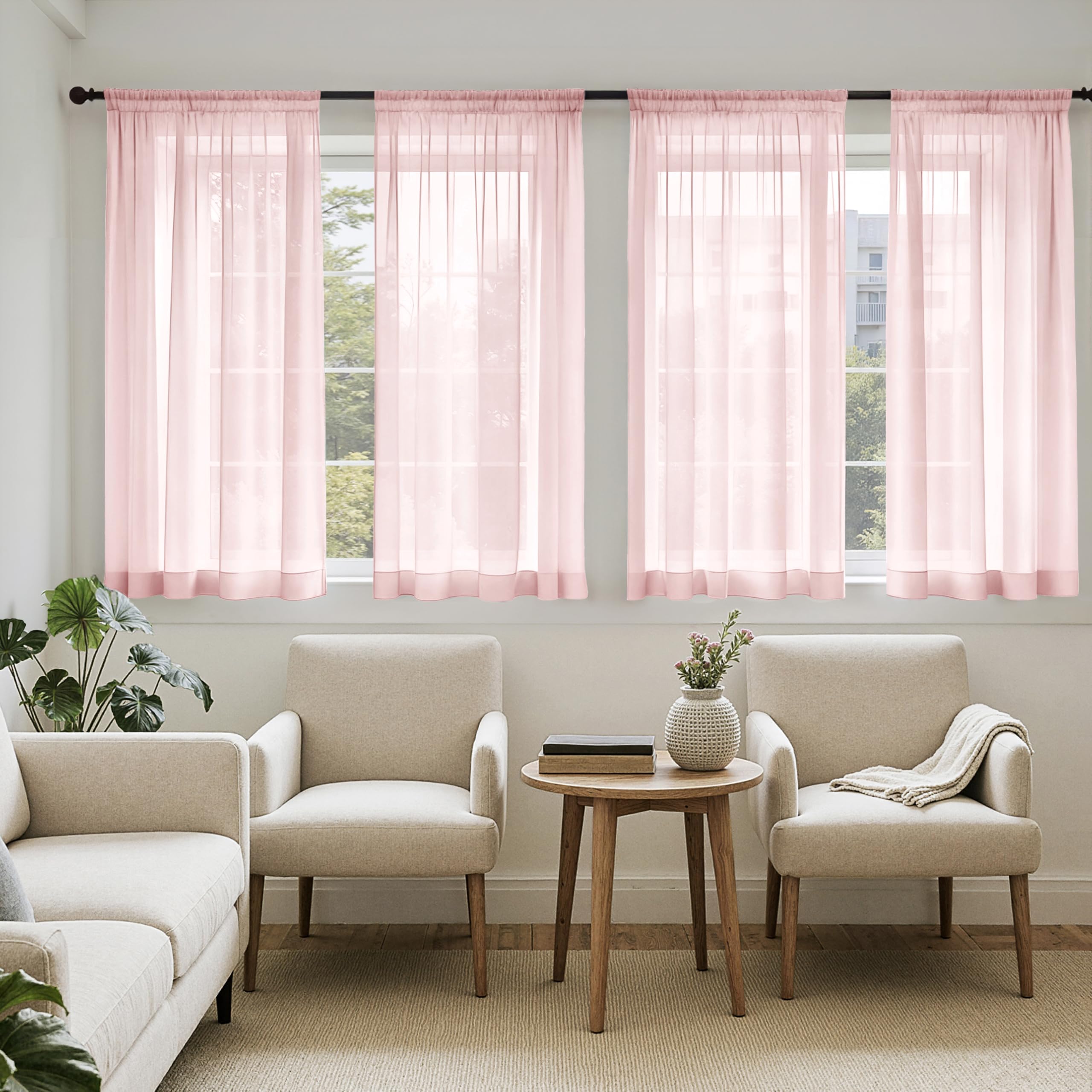 MIULEE Butter Cream Sheer Curtains 96 Inches Long, 4 Panels Set, Rod Pocket Voile Drapes Light Filtering and Semi Transparent, Elegant Window Treatments for Bedroom Living Room,42 x 96 Inches