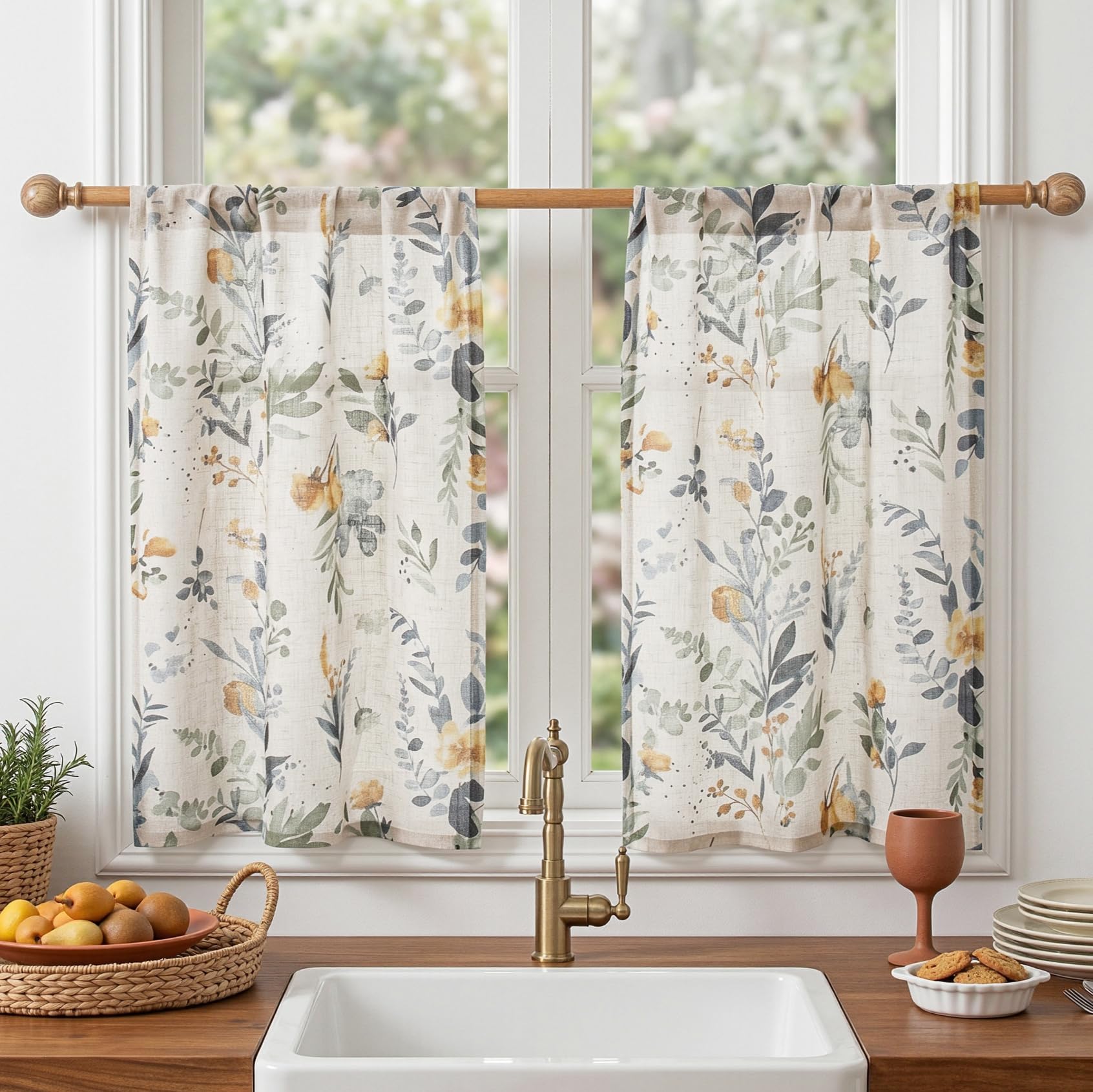 MYSKY HOME Ceiling Curtains for Living Room, Farmhouse Style Lines Printed Curtains 95 Inches Long Semi Sheer Drapes for Living Room, Modern Style Room Divider Curtains, 50"x95", Khaki, 2 PCs
