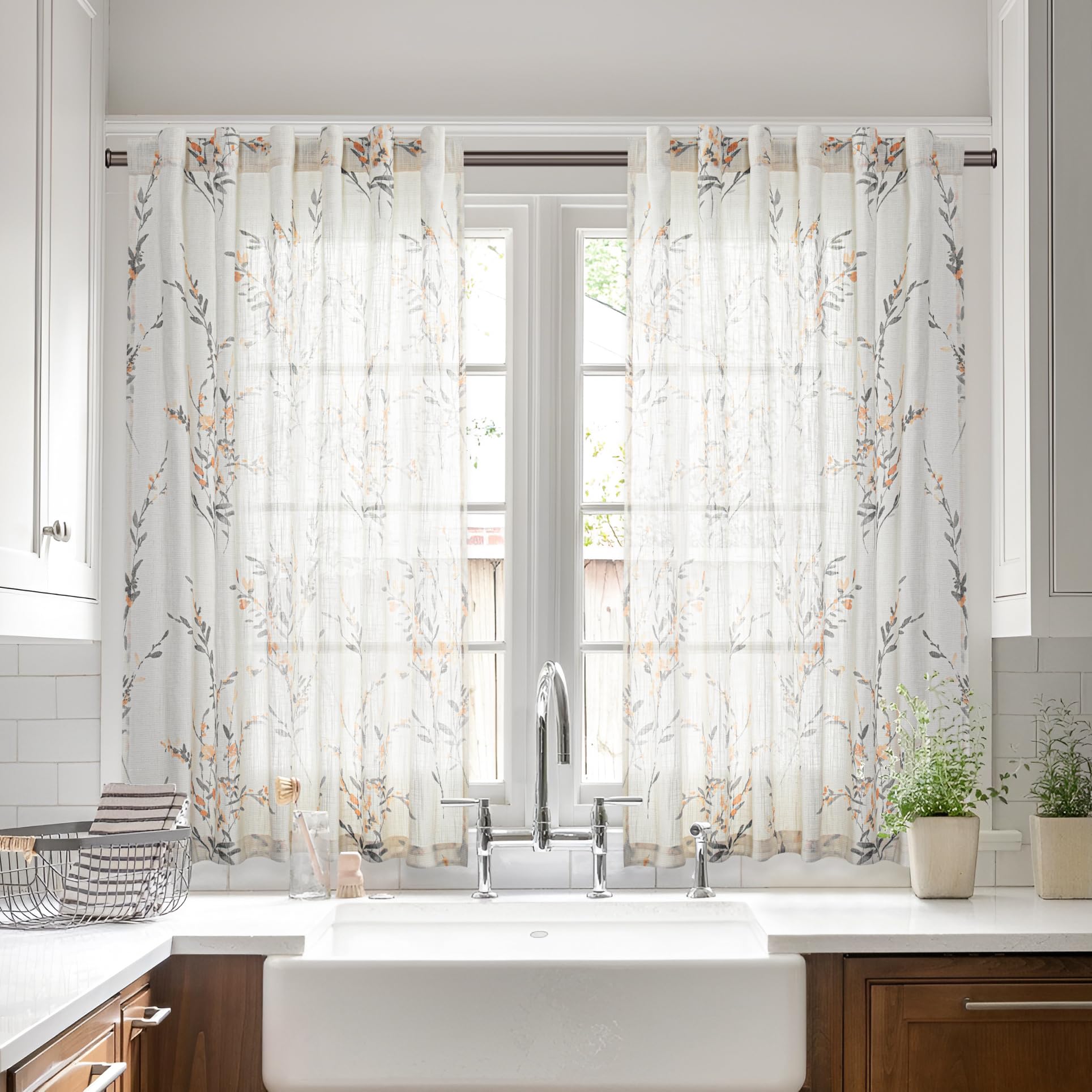 MYSKY HOME Ceiling Curtains for Living Room, Farmhouse Style Lines Printed Curtains 95 Inches Long Semi Sheer Drapes for Living Room, Modern Style Room Divider Curtains, 50"x95", Khaki, 2 PCs