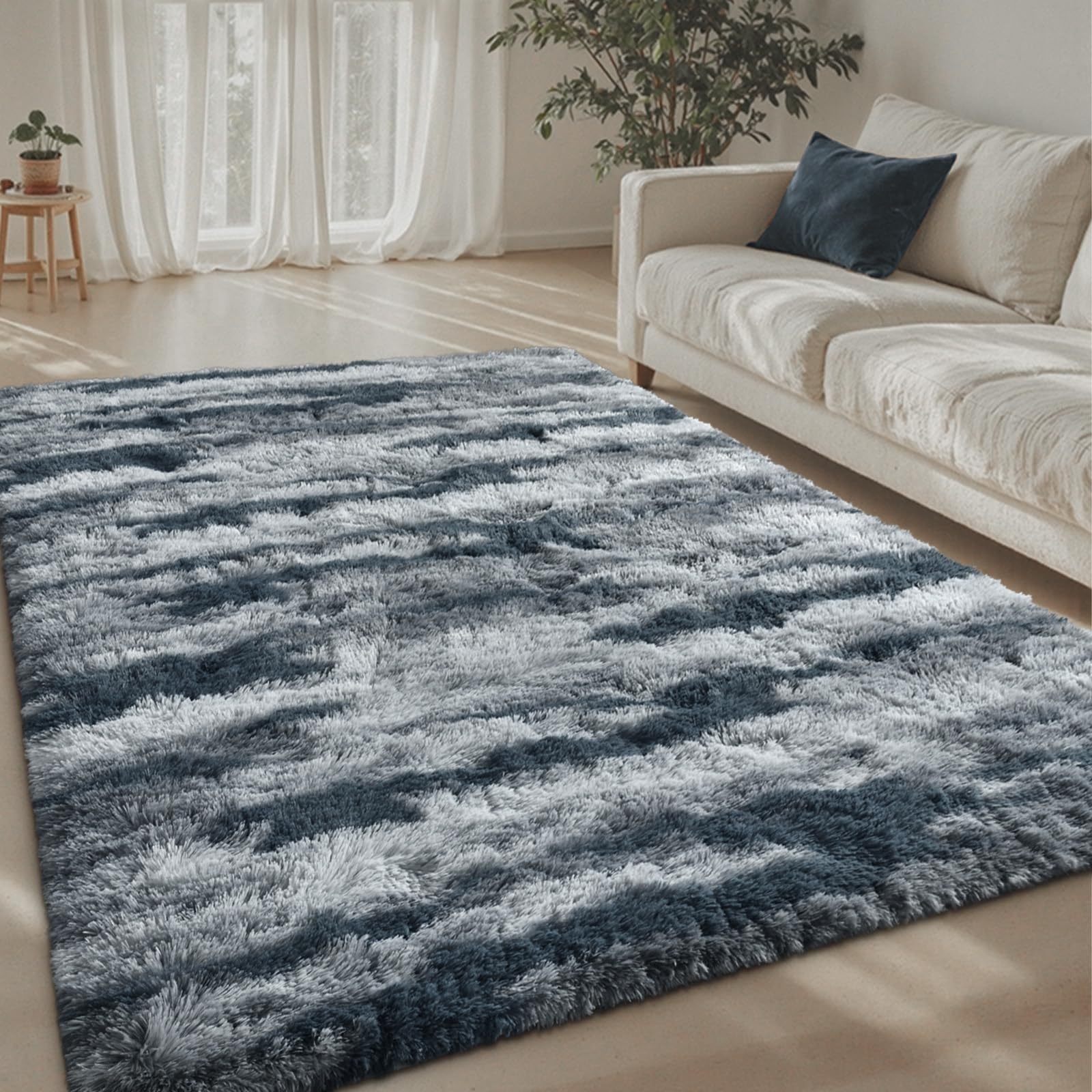 5×7ft Grey Fluffy Tie-Dyed Rug, Soft Shag Carpet for Home Decor
