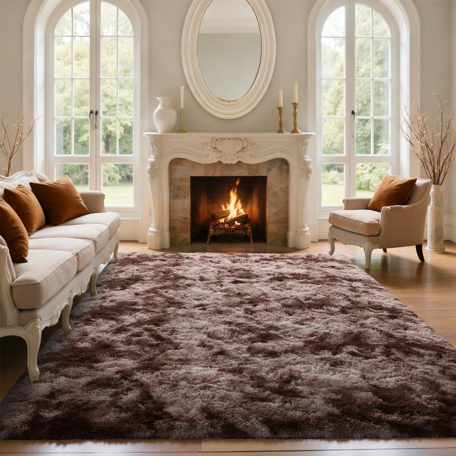 5×7ft Grey Fluffy Tie-Dyed Rug, Soft Shag Carpet for Home Decor