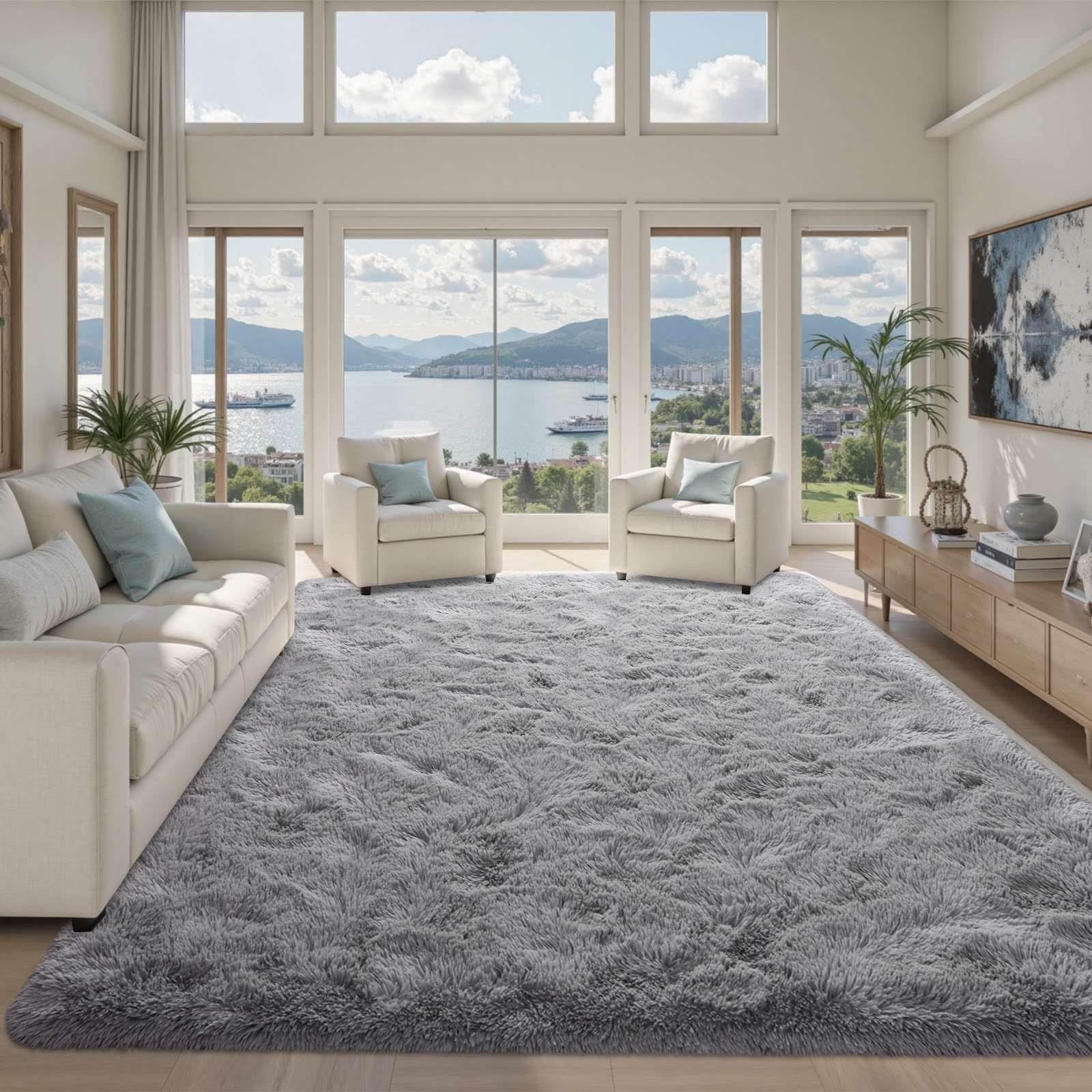 5×7ft Grey Fluffy Tie-Dyed Rug, Soft Shag Carpet for Home Decor