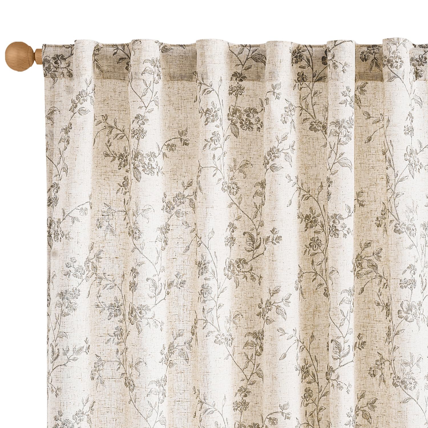 Lazzzy Linen Farmhouse Curtains Green Floral Curtains 63 Inch Length Back Tab Drapes for Living Room Bedroom Light Filtering Country Vintage Rod Pocket Curtain, 2 Panels, Green on Beige