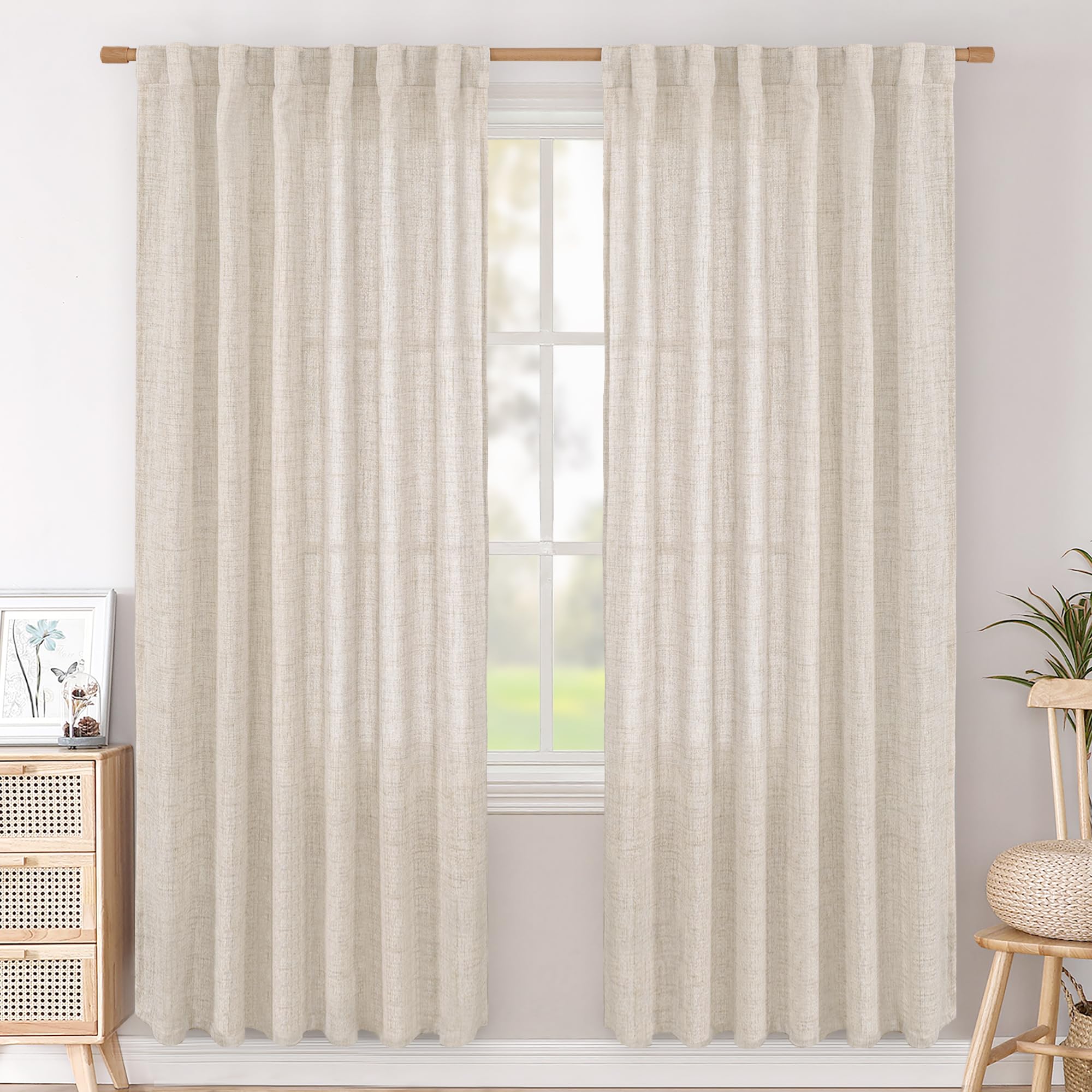 BGment Natural Linen Semi Sheer Curtains 96 Inch Length 2 Panels for Living Room, Beige Light Filtering Window Drapes with Rod Pocket Back Tab Extre Long for Dining Bedroom, 52 X 96 Inch