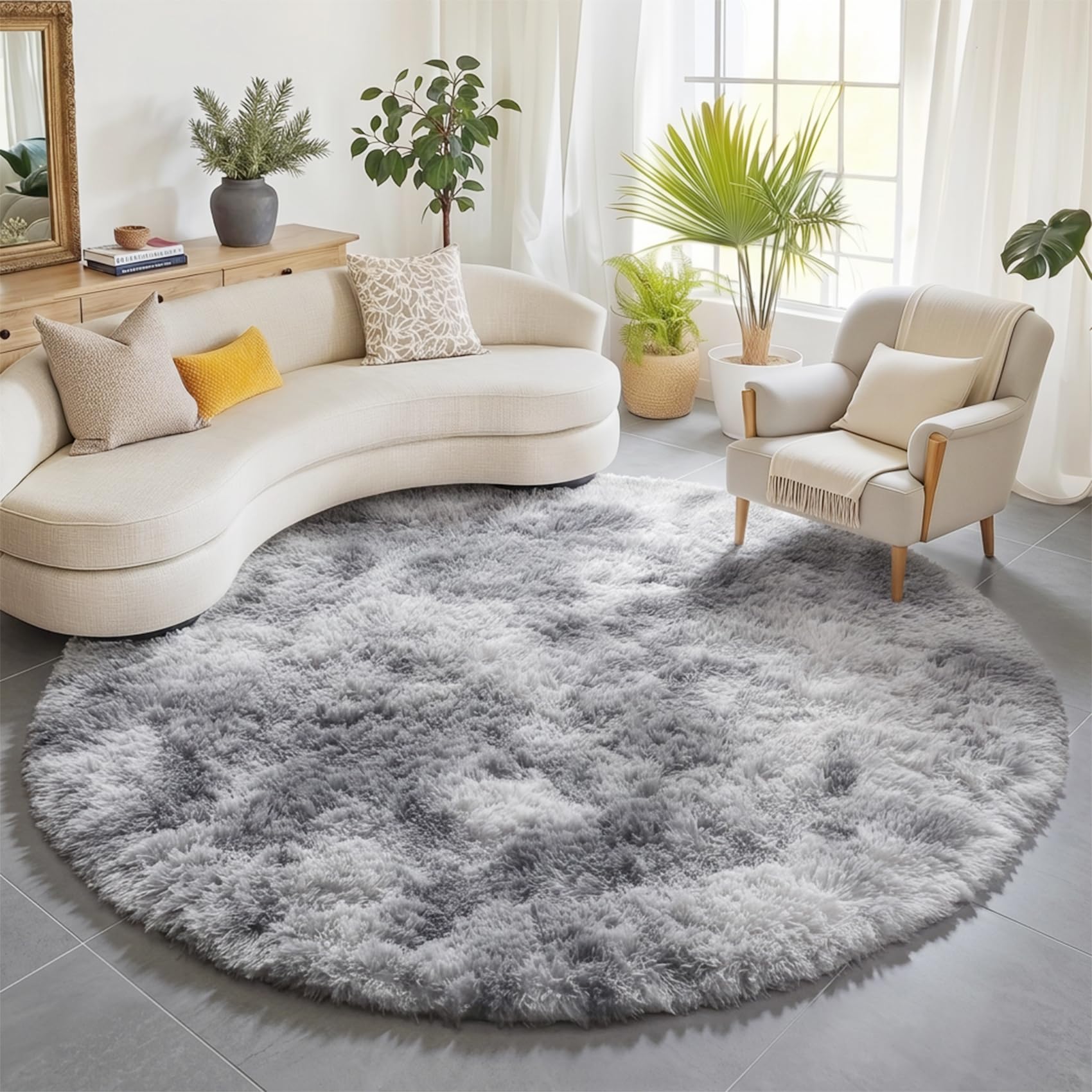 ONASAR Tie-Dyed Dark Grey Round Area Rugs 5ft, Ultra Soft Bedroom Circle Rug for Kids Girls Teen Room, Fluffy Plush Shaggy Carpet Floor Mats for Baby Nursery Living Room Playroom Home Decor