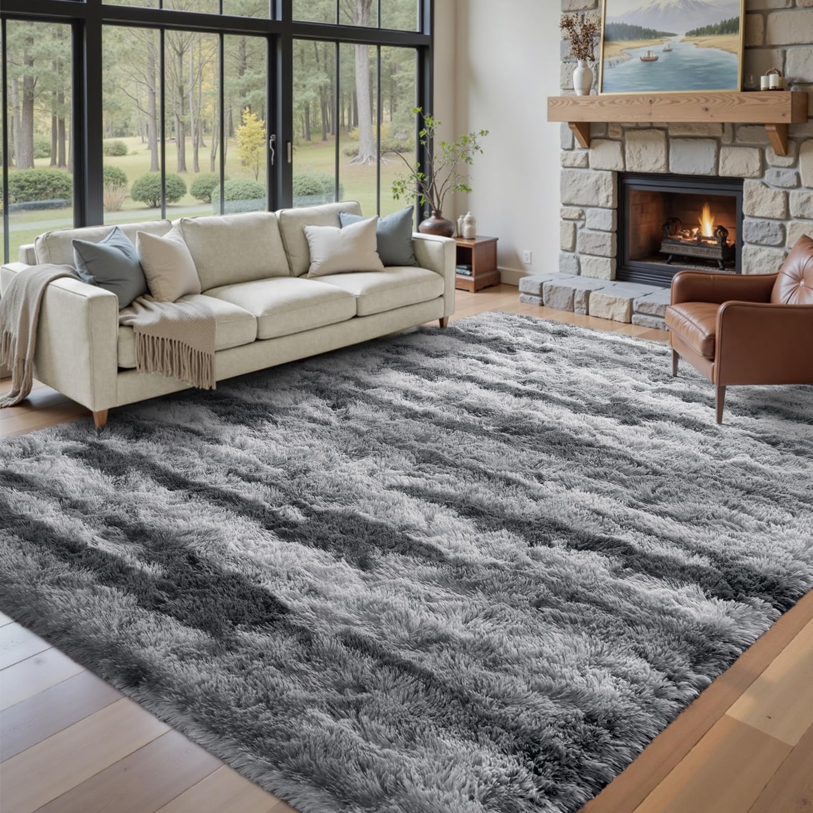 5×7ft Grey Fluffy Tie-Dyed Rug, Soft Shag Carpet for Home Decor