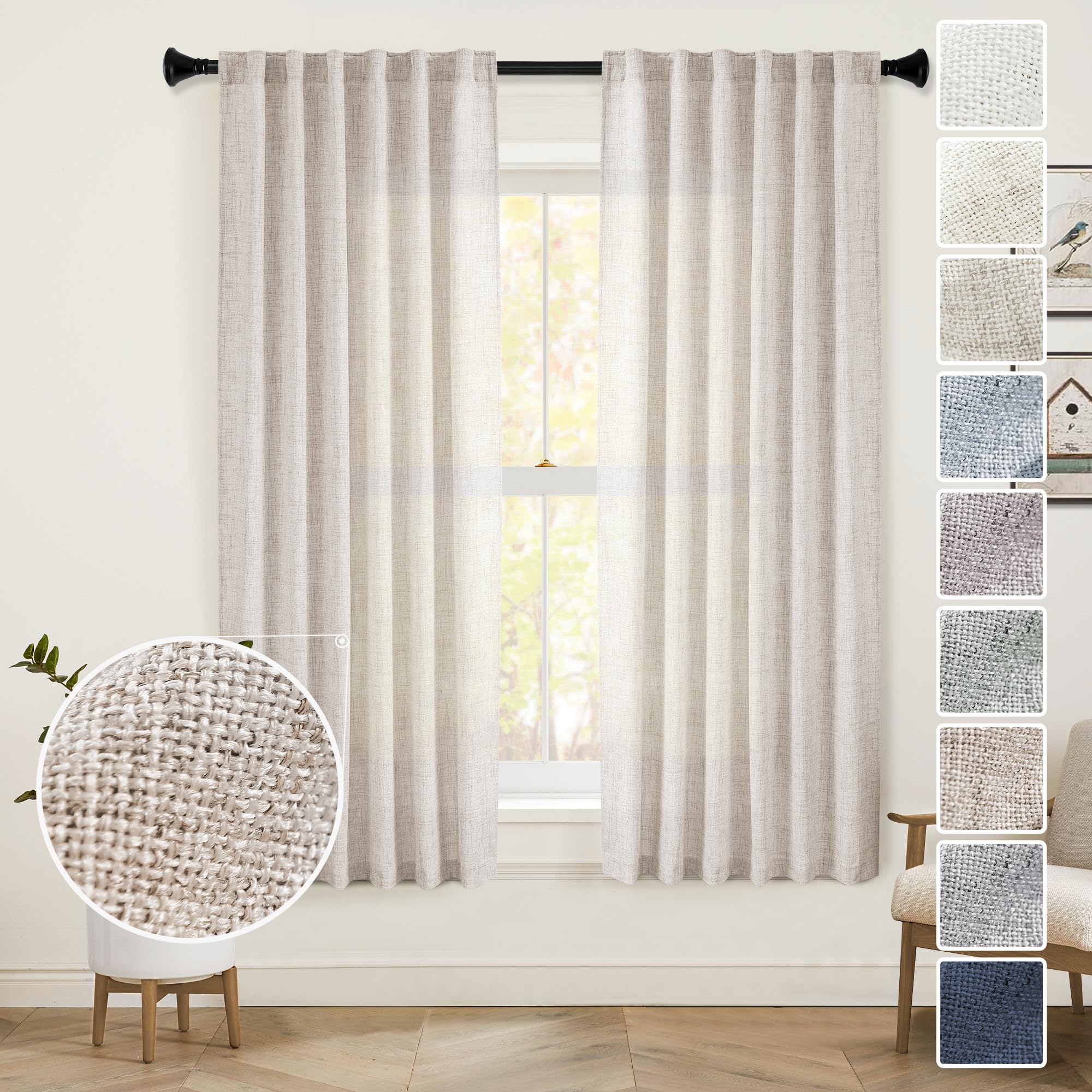 Natural Linen Back Tab Curtains 92 inch Long 2 Panels Set for Living Room Semi Sheer Light Filtering Window Drape Neutral Country Farmhouse Boho Curtains for Bedroom Cream Beige
