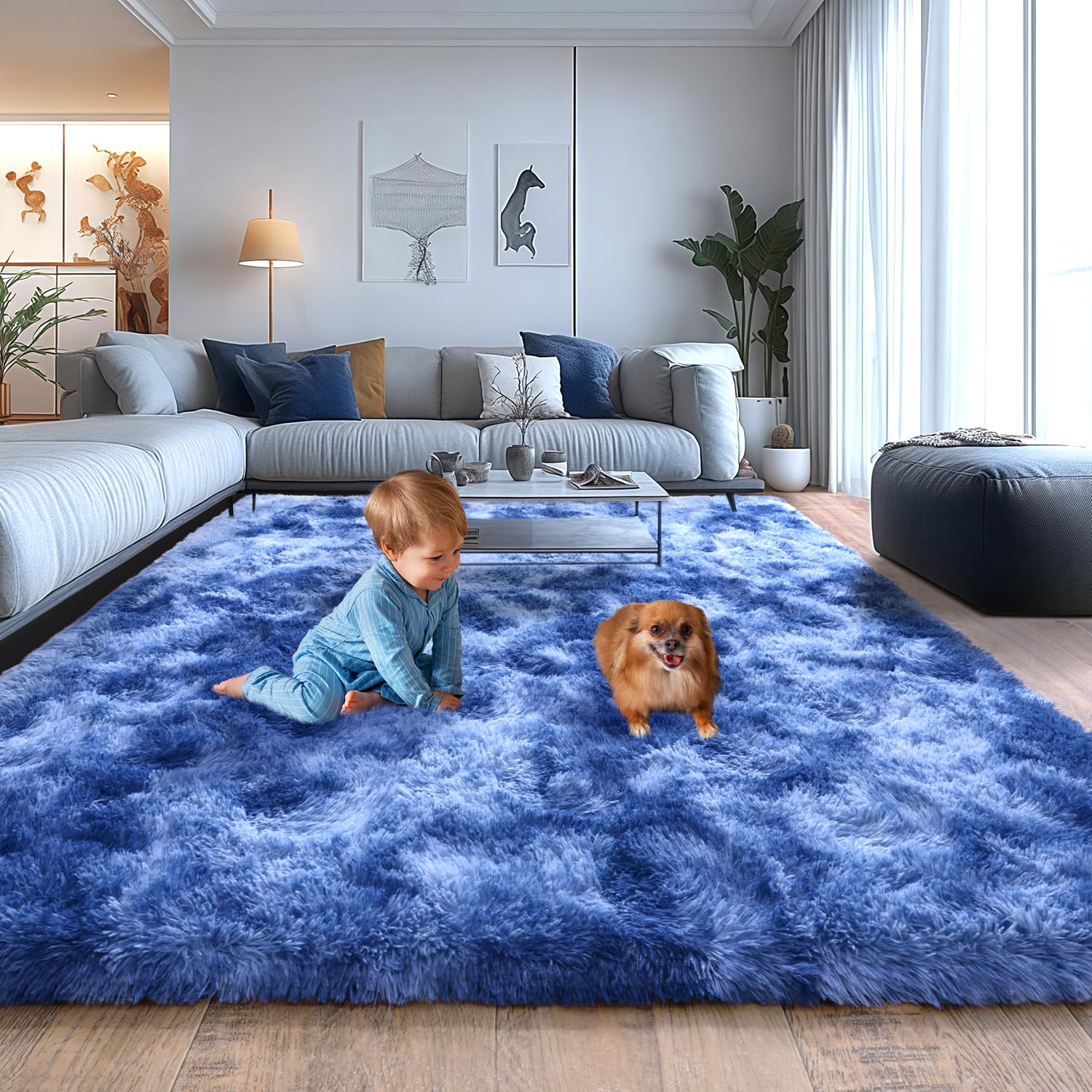 Shaggy Area Rugs, Fuzzy Rugs for Living Room, Soft Nursery Area Rug for Girls, Tie Dye Black Gray Plush Area Rugs Non Slip, Fluffy Rug Carpet 8x10ft